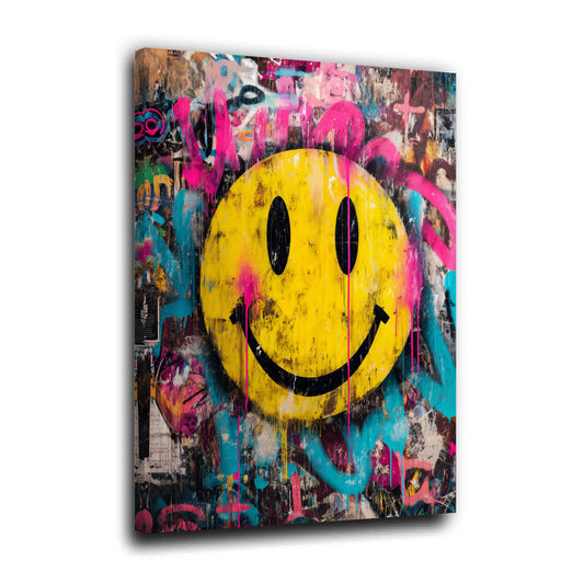 Gelber Emoji auf buntem Graffiti Hintergrund Wandbild