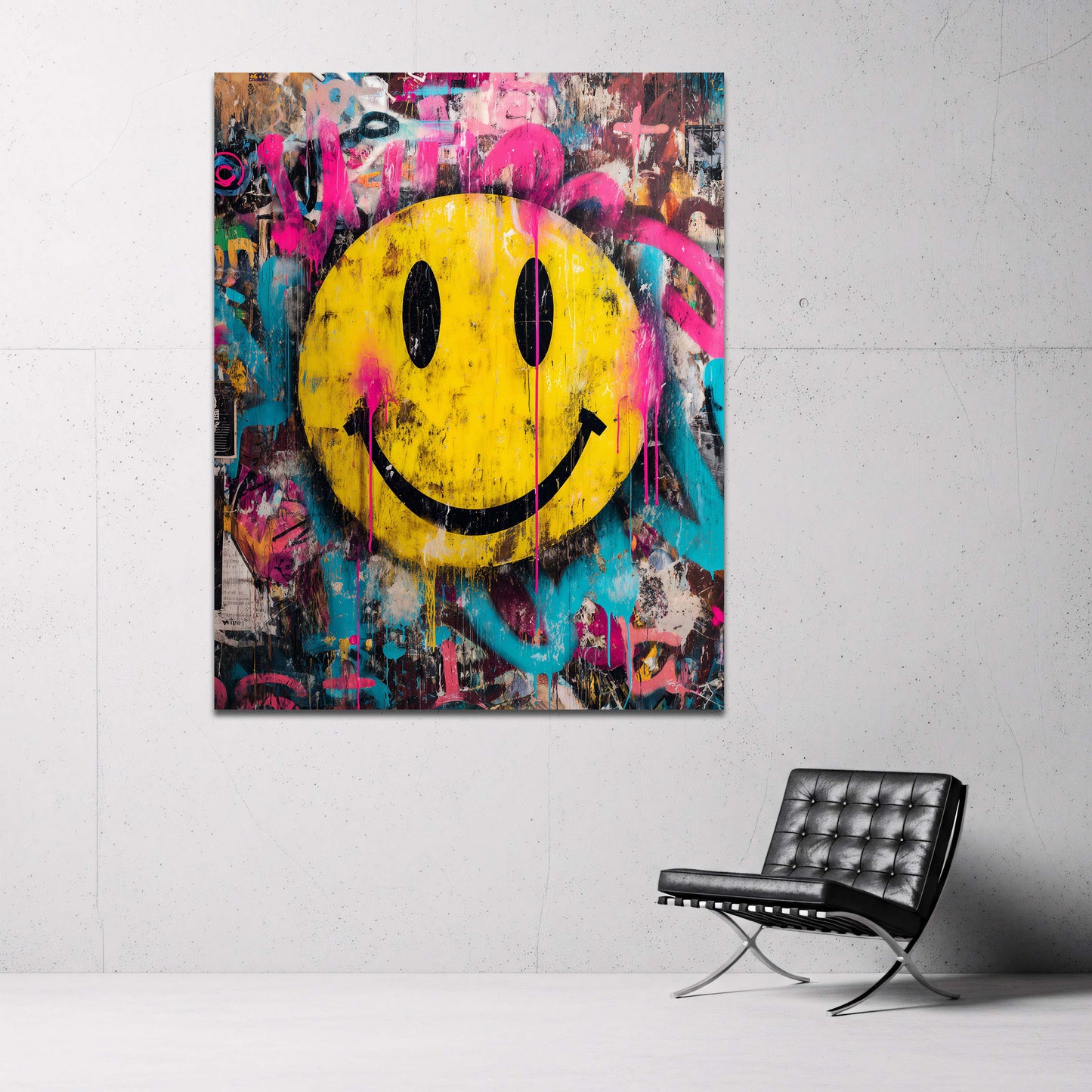 Gelber Smiley auf buntem Graffiti Hintergrund Wandbild