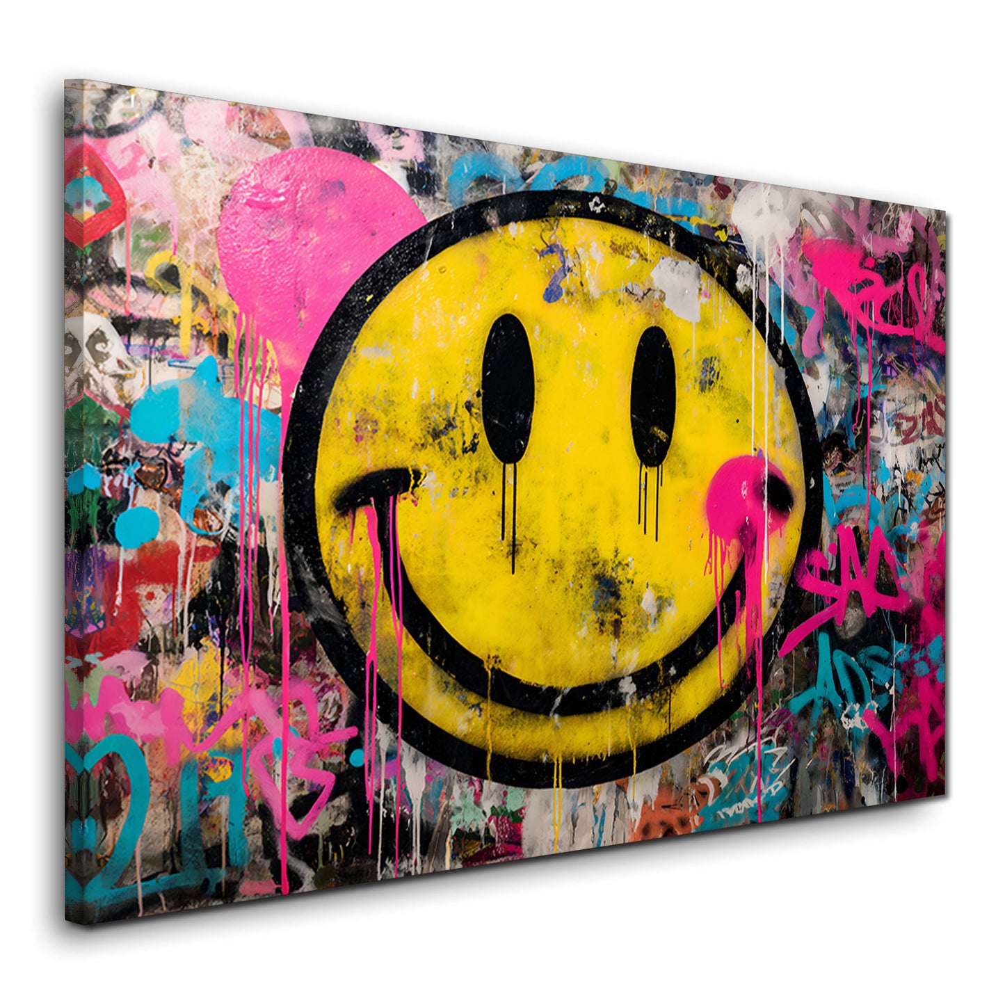 Gelber Smiley auf farbenfrohem Graffiti Hintergrund Wandbild