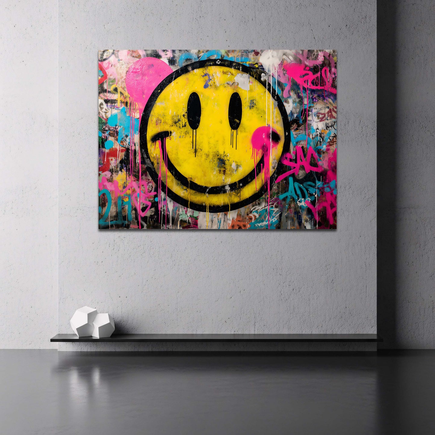 Gelber Smiley auf farbenfrohem Graffiti Hintergrund Wandbild