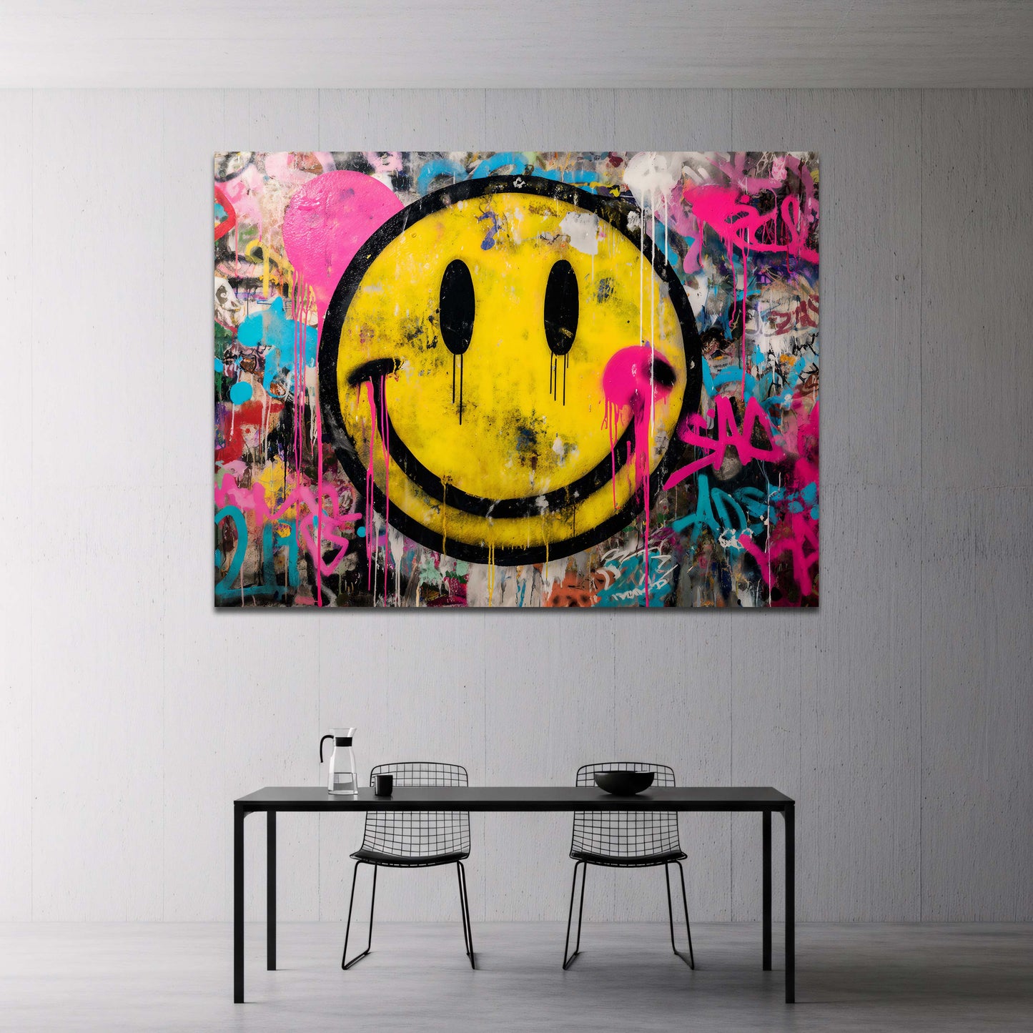 Gelber Smiley auf farbenfrohem Graffiti Hintergrund Wandbild