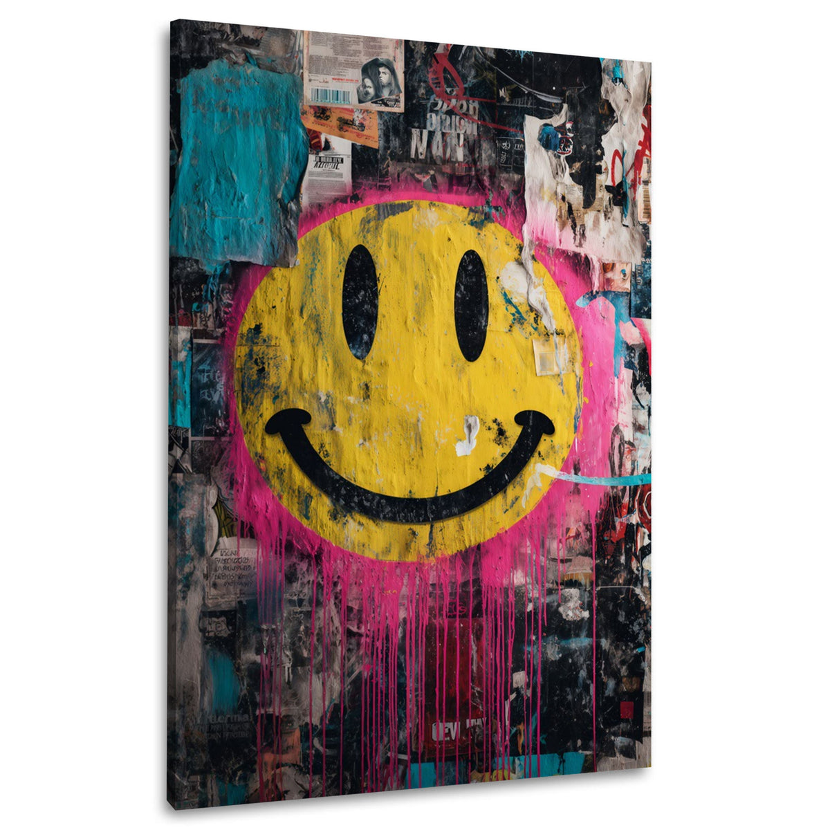 Gelbes Emoji auf Collage Wand im Graffiti Stil Wandbild