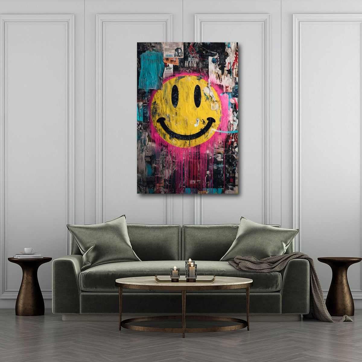 Gelbes Emoji auf Collage Wand im Graffiti Stil Wandbild