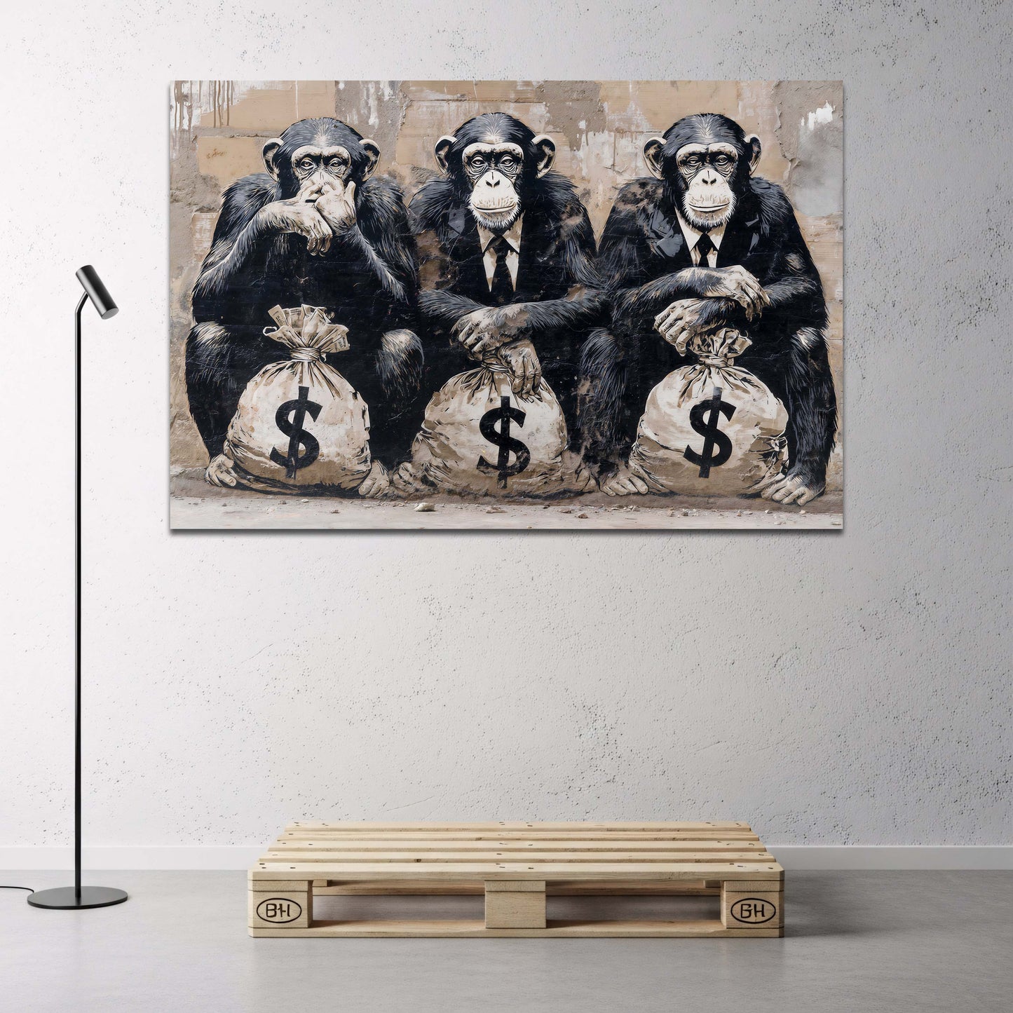 Geschaeftsmaenner Affen mit Dollargeldsaecken Graffiti Wandbild