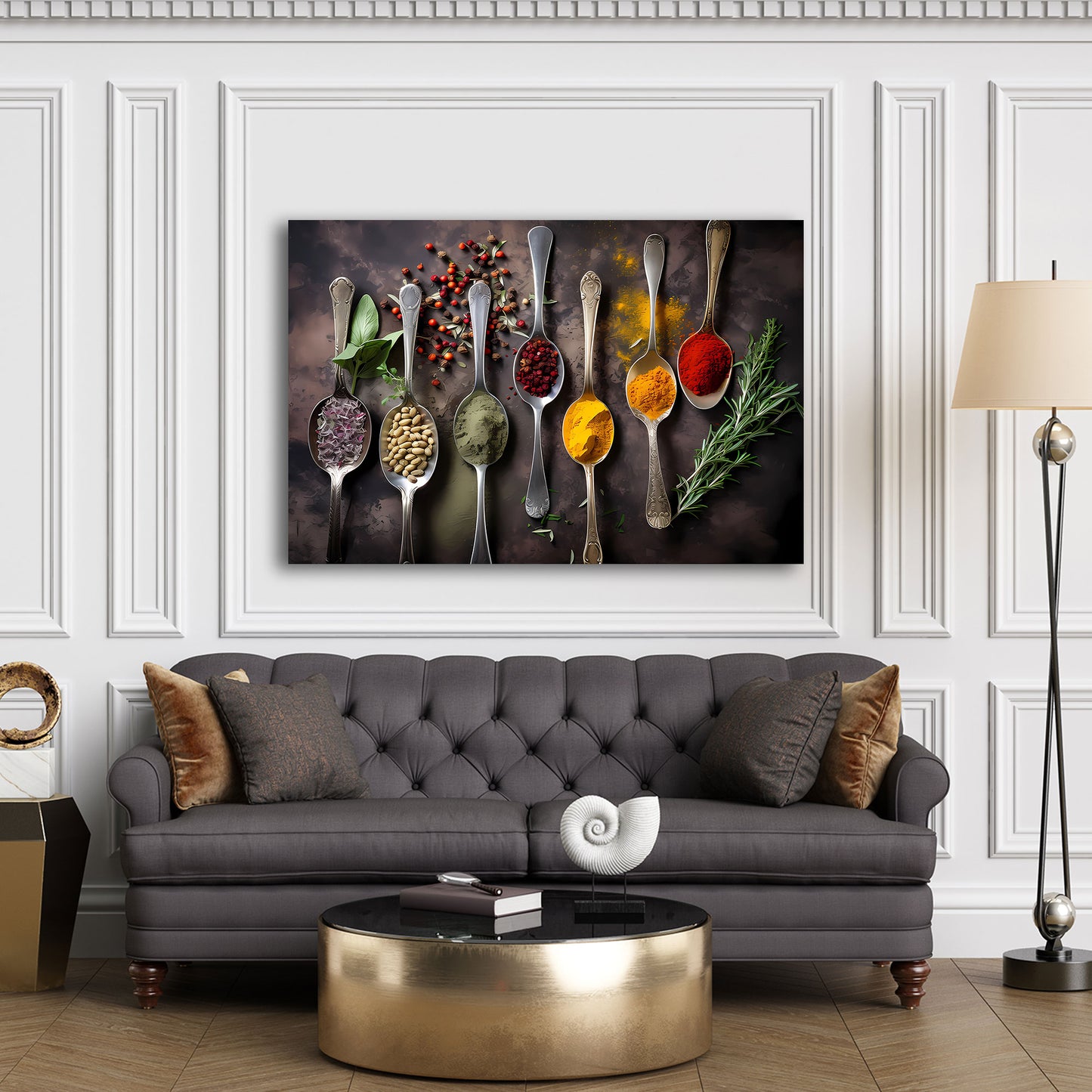 Gewürze auf Löffel Kräuter Vielfalt Wandbild
