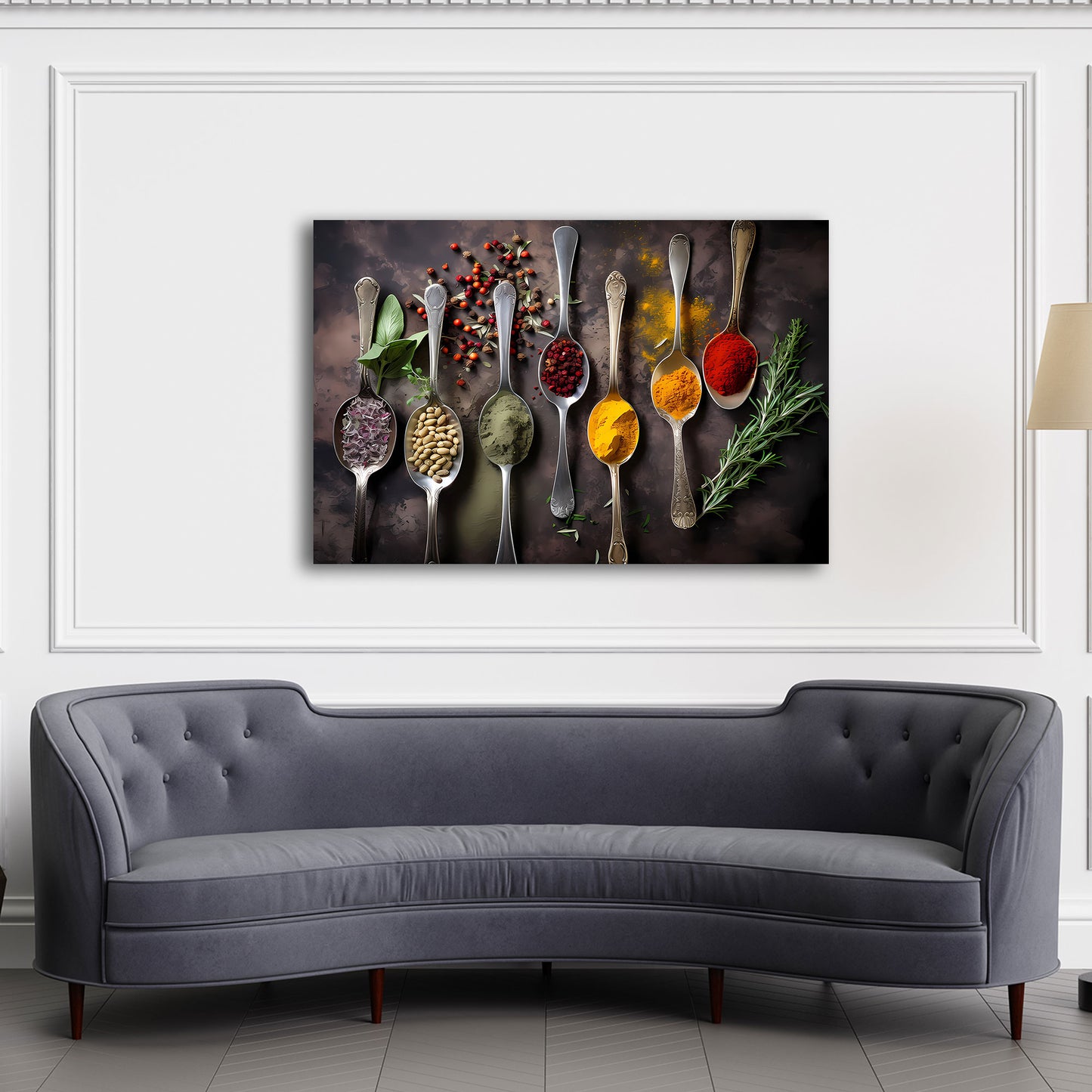 Gewürze auf Löffel Kräuter Vielfalt Wandbild