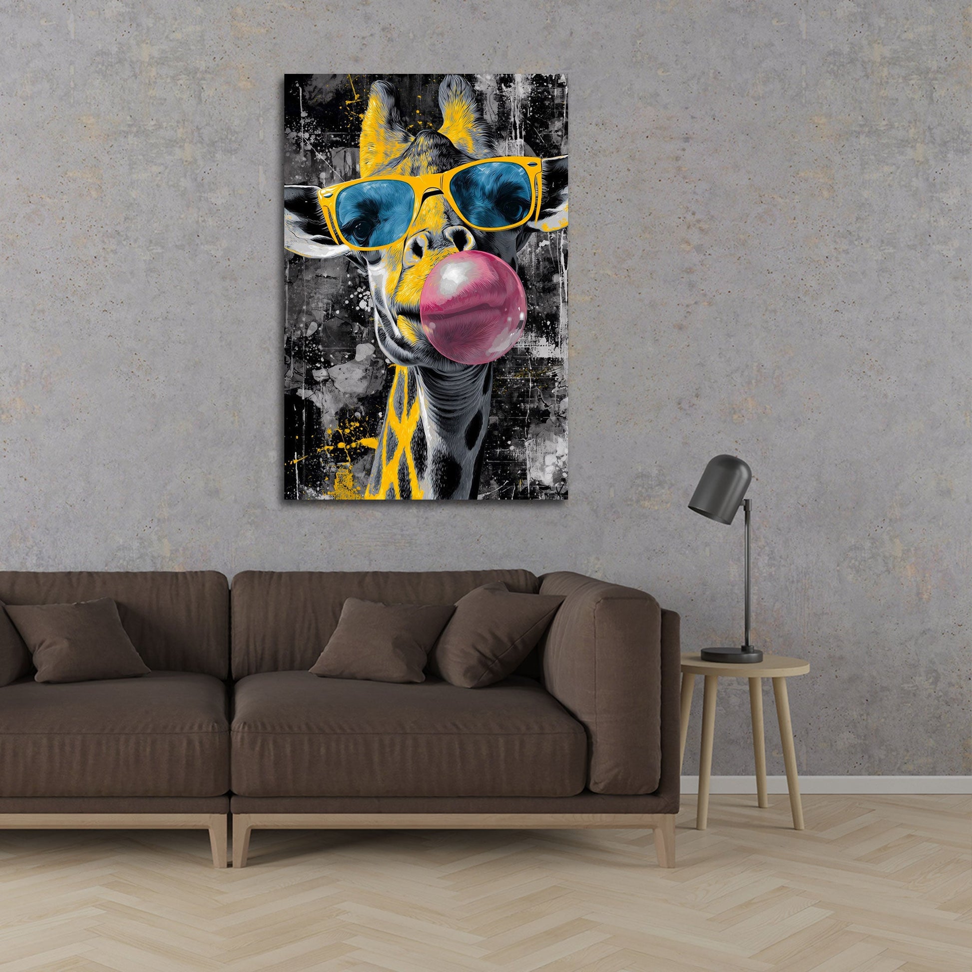 Giraffe mit Sonnenbrille und rosa Kaugummi Pop Art Wandbild