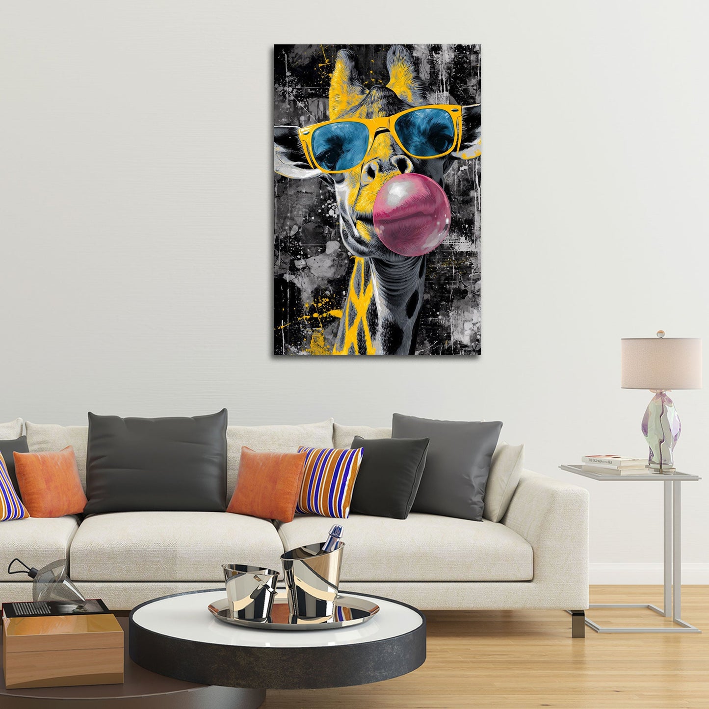 Giraffe mit Sonnenbrille und rosa Kaugummi Pop Art Wandbild