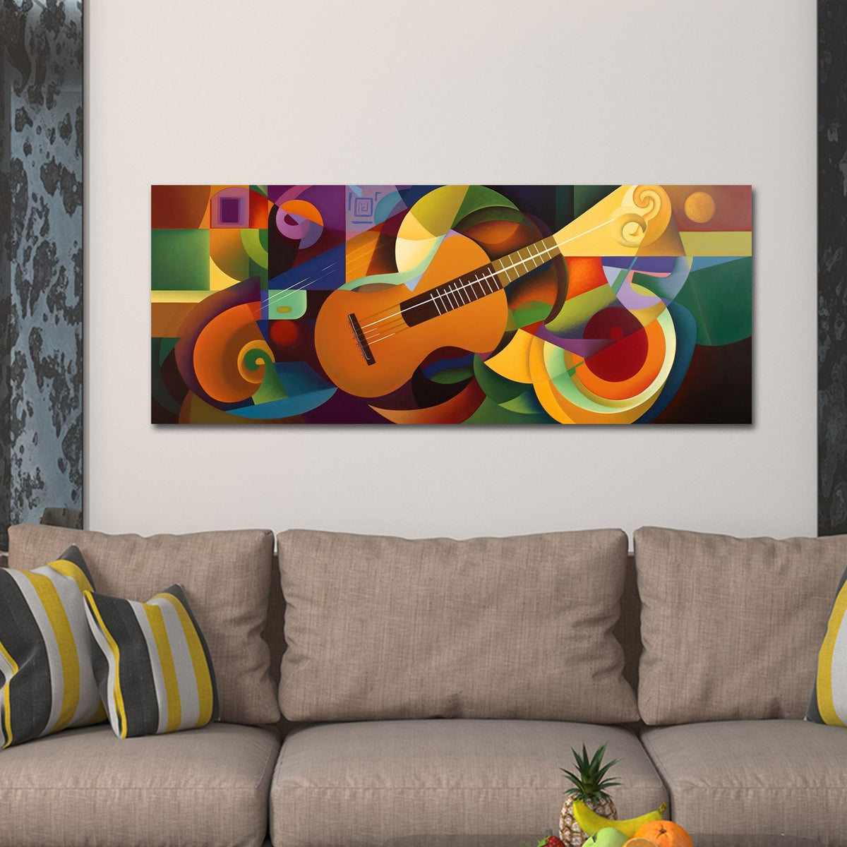 Gitarre in abstraktem Farbdesign Orange Tuerkis Wandbild