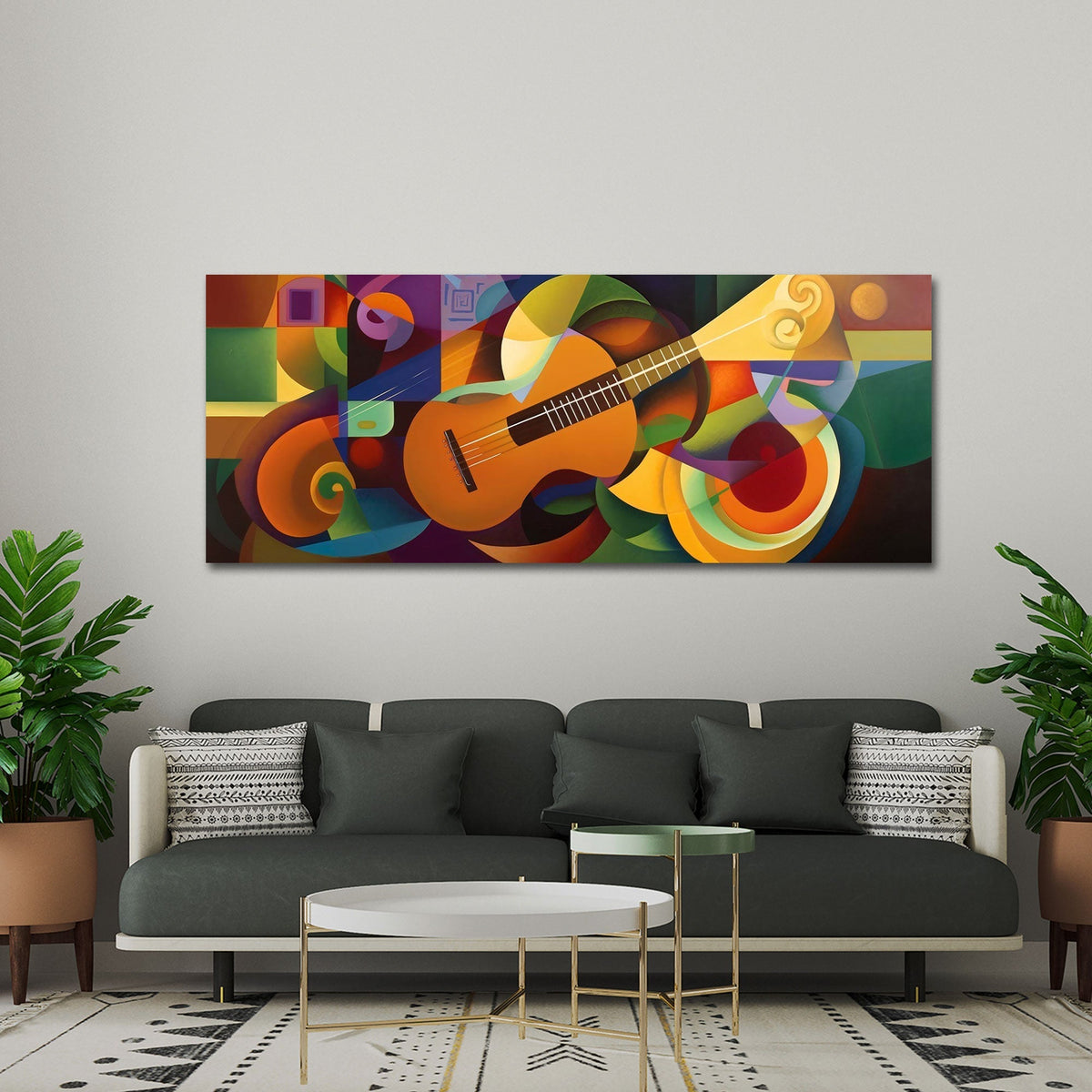 Gitarre in abstraktem Farbdesign Orange Tuerkis Wandbild