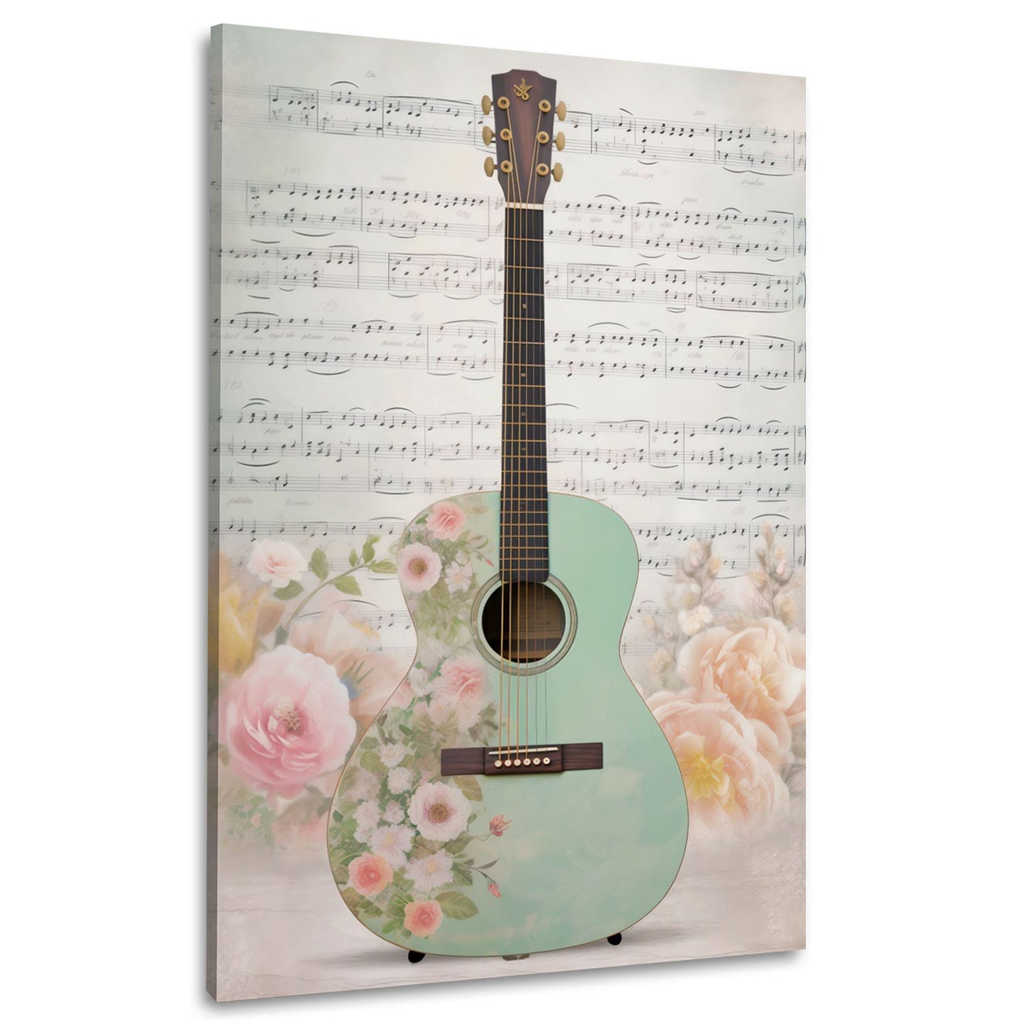 Gitarre in Mintgruen mit Blumen und Notenblatt Wandbild