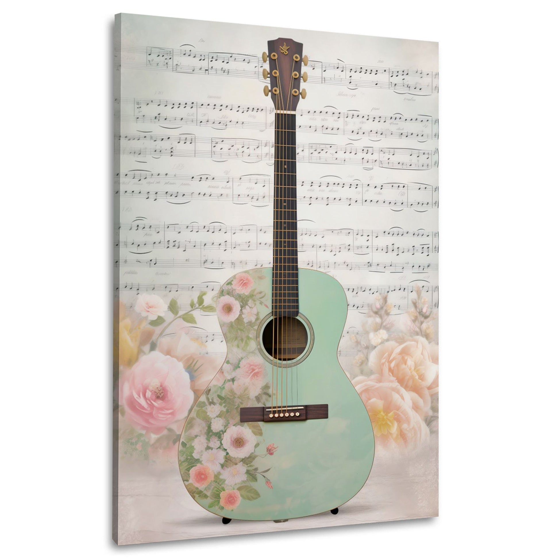 Gitarre in Mintgruen mit Blumen und Notenblatt Wandbild