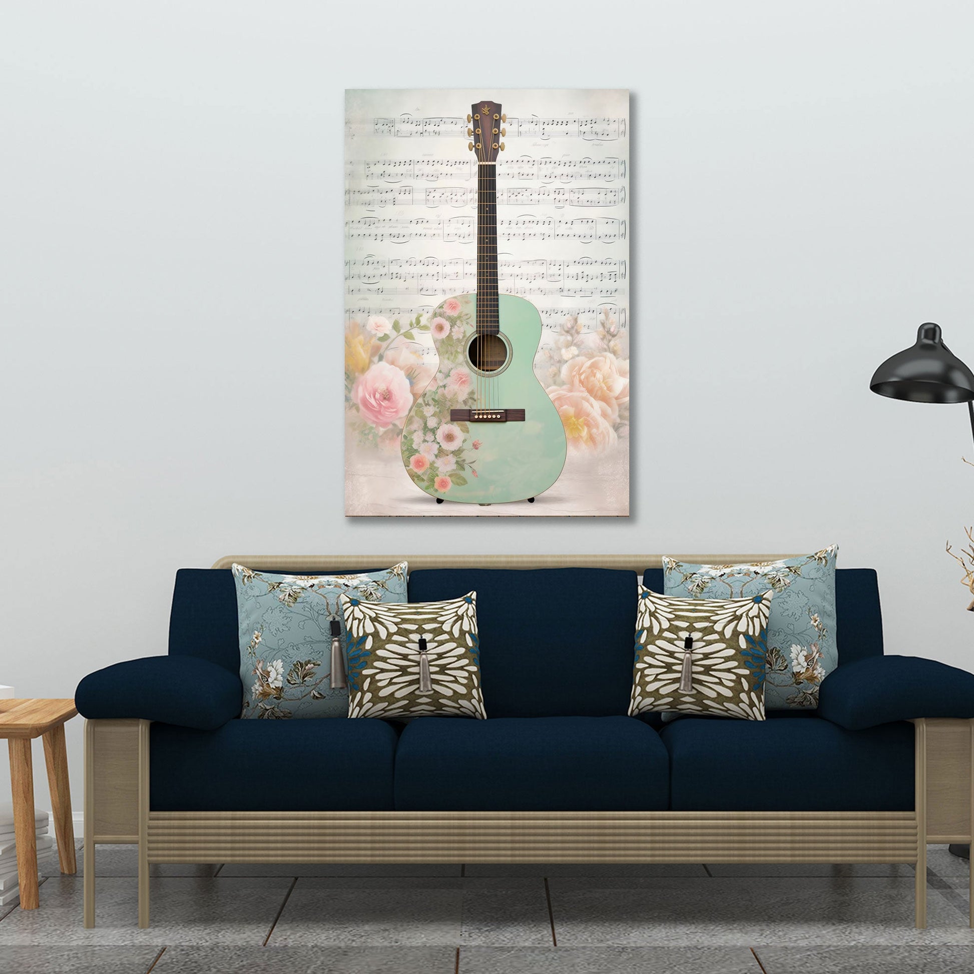 Gitarre in Mintgruen mit Blumen und Notenblatt Wandbild