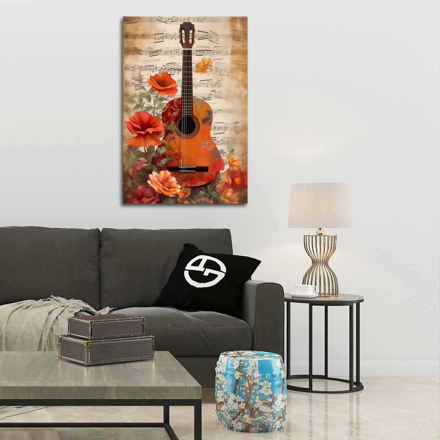 Gitarre mit Blumen und Notenblatt romantisch Wandbild