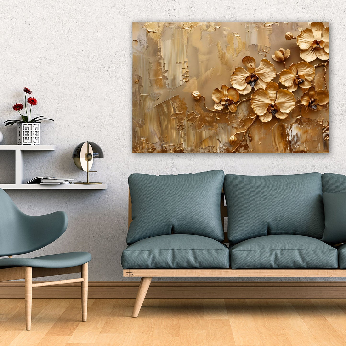 Goldene Blüten elegant in kräftigen Tönen Wandbild