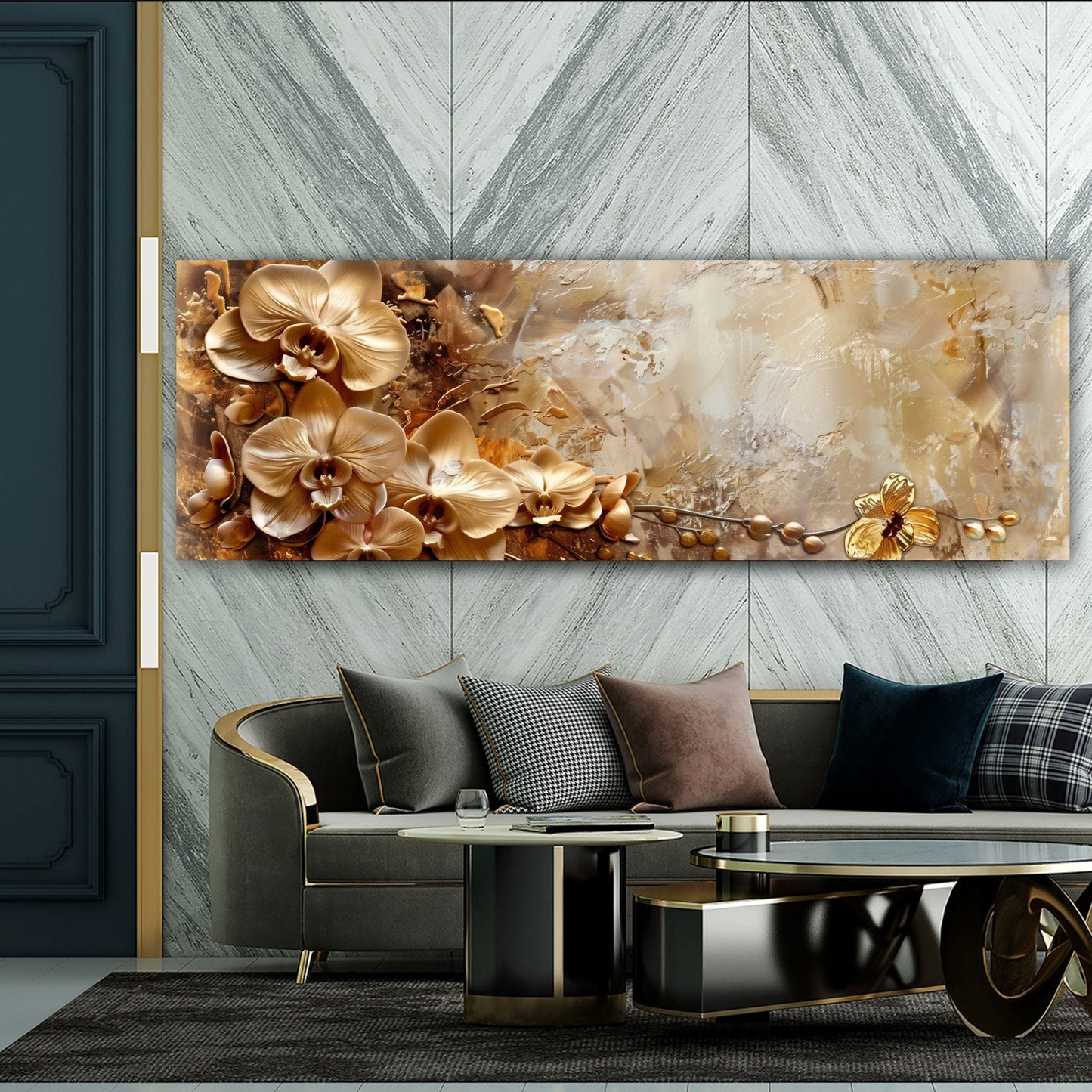 Goldene Blumen abstrakt und warm in Ölmalerei Wandbild
