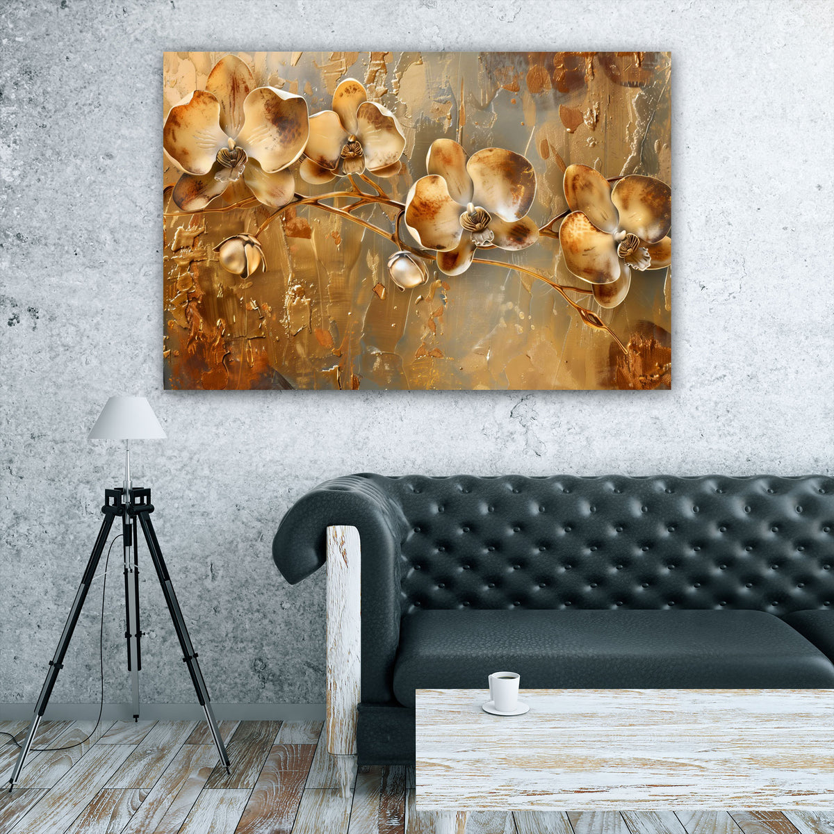 Goldene Blumen warm und elegant als Kunstwerk Wandbild