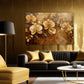Goldene Orchideen auf Alu-Dibond im Wohnzimmer