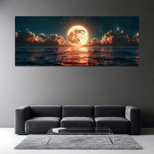 Goldener Vollmond leuchtet über dem Meer Panorama Wandbild