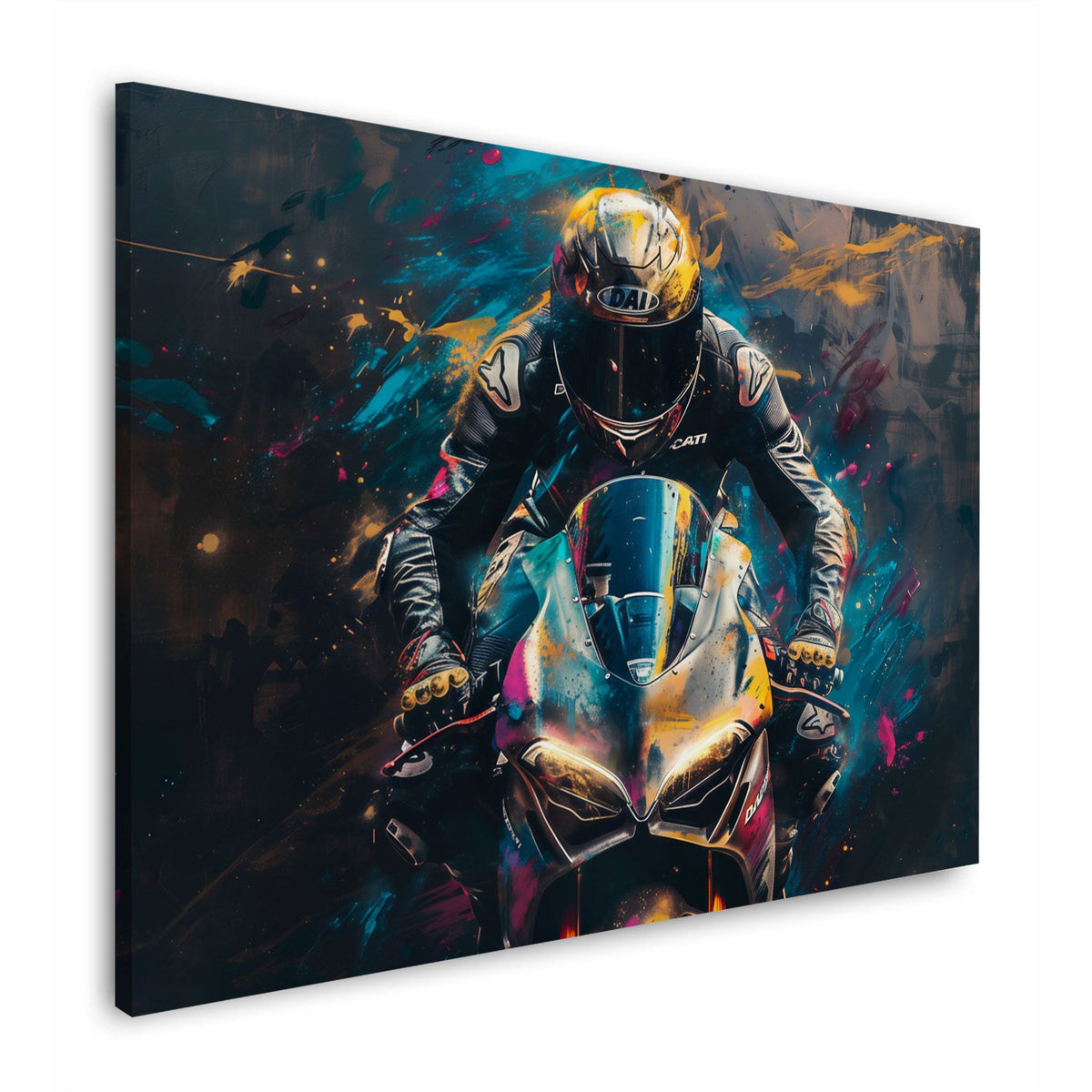 Goldenes Rennmotorrad mit Fahrer frontal im Street Art Wandbild