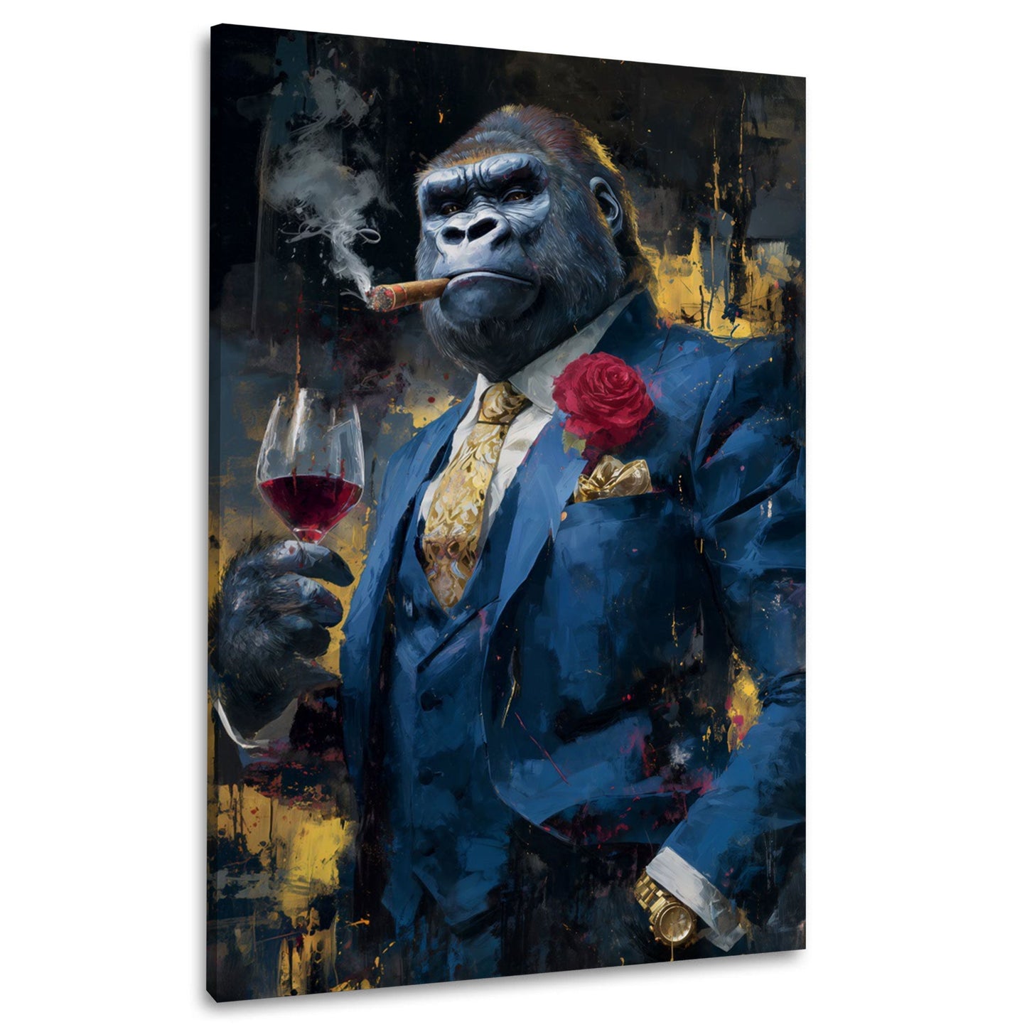 Gorilla im blauen Anzug mit Wein und Zigarre Luxus Wandbild