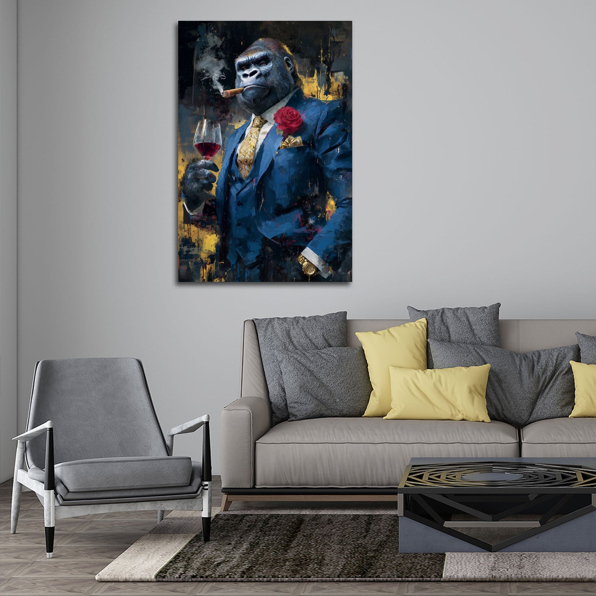 Gorilla im blauen Anzug mit Wein und Zigarre Luxus Wandbild