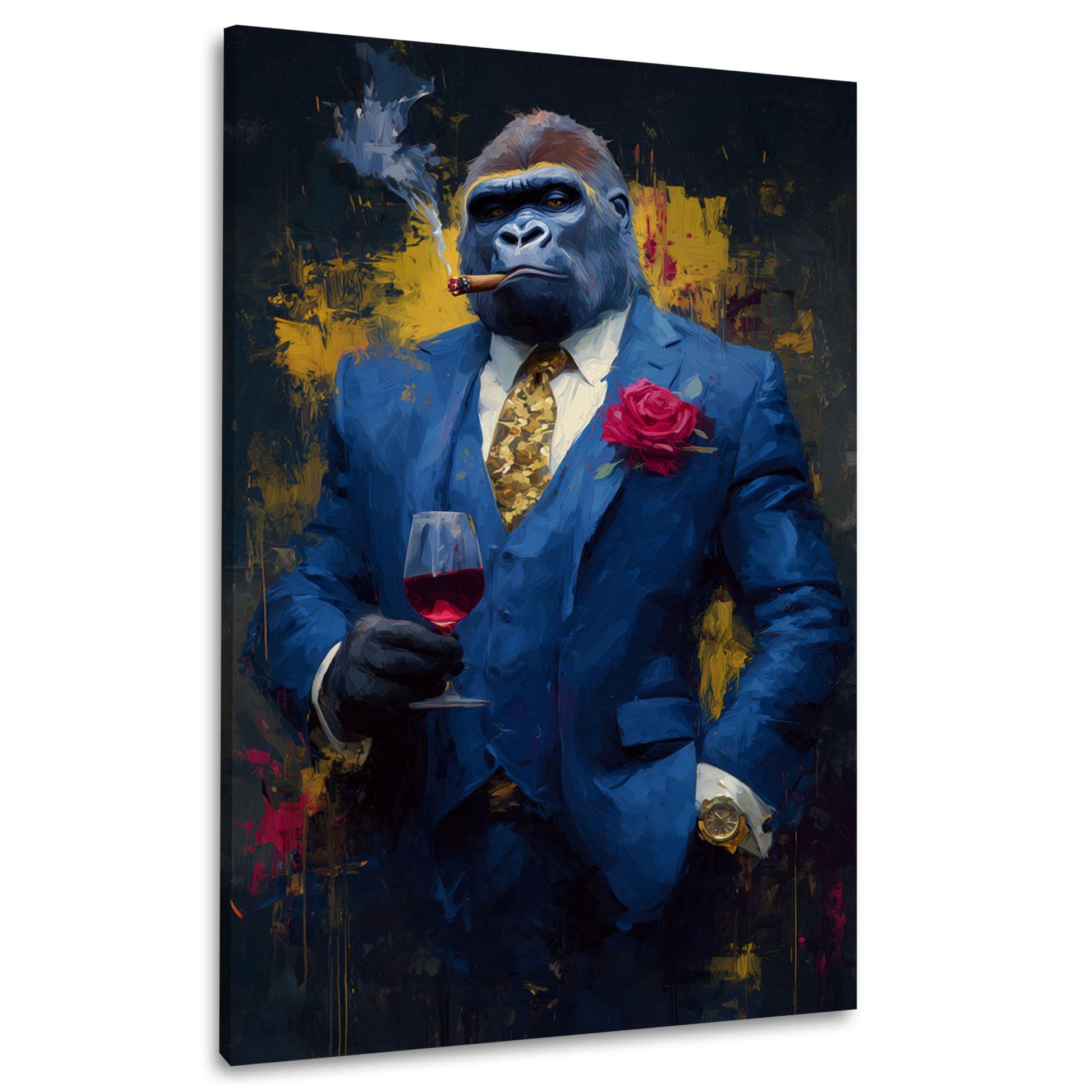 Gorilla im blauen Luxus-Anzug mit Wein und Zigarre Wandbild