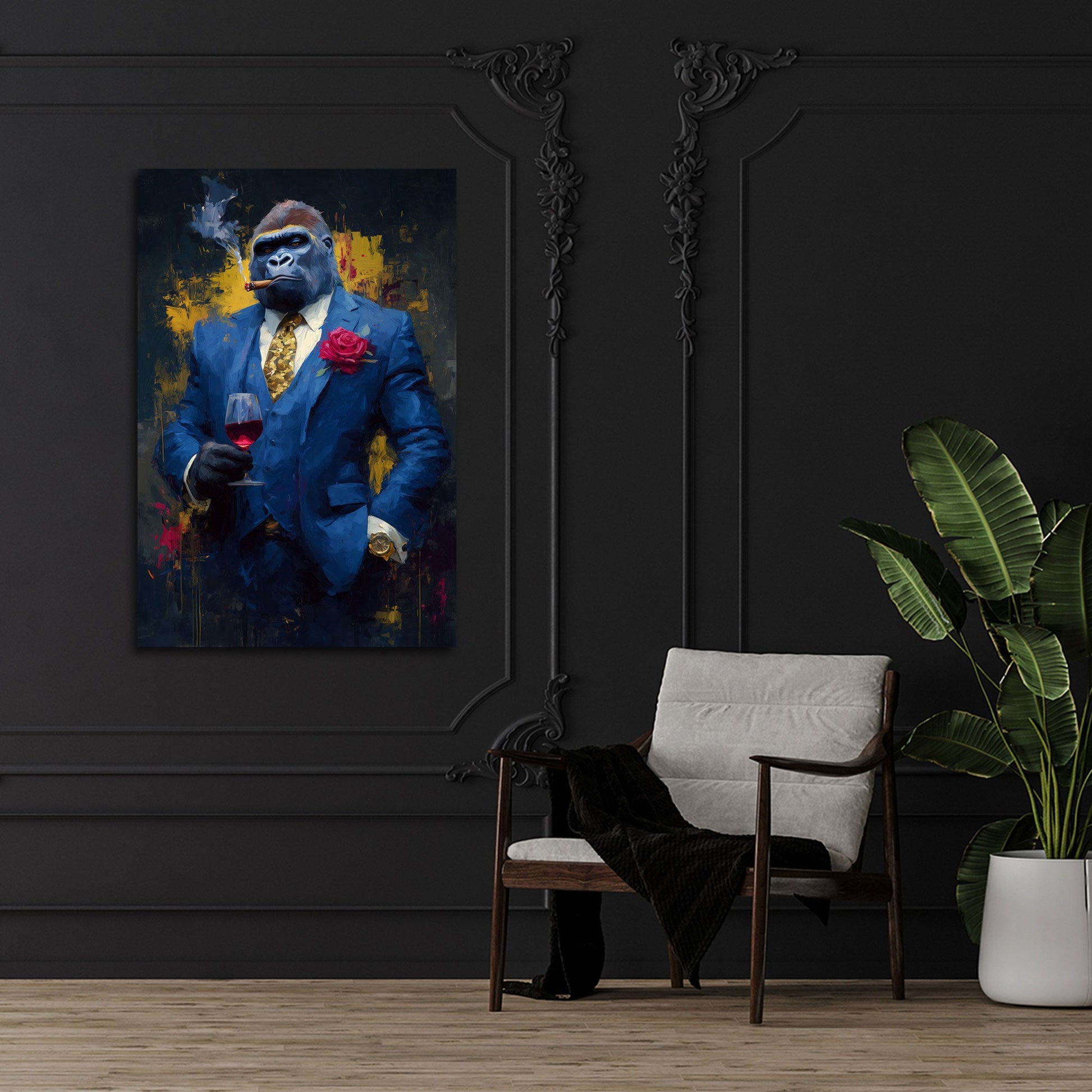 Gorilla im blauen Luxus-Anzug mit Wein und Zigarre Wandbild