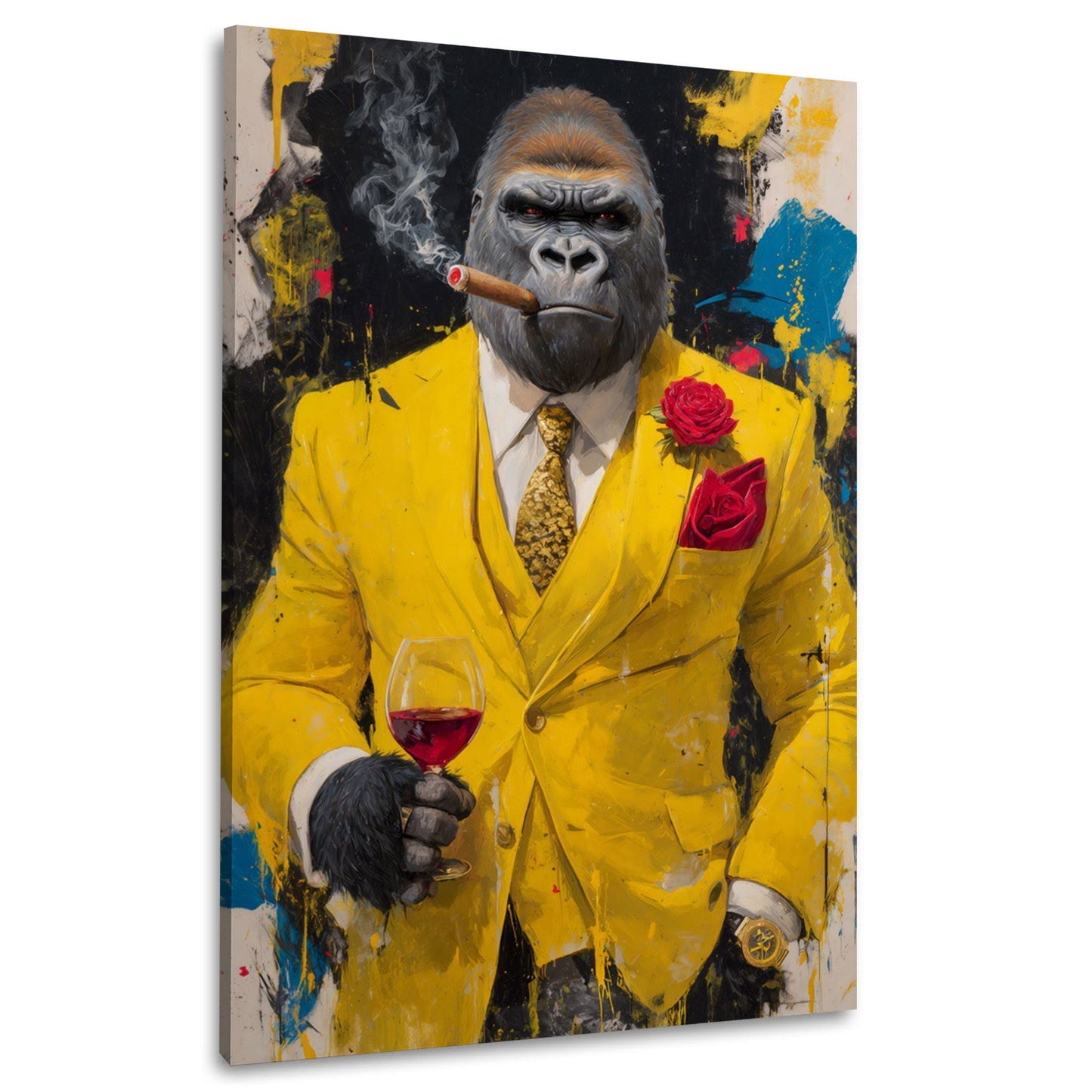 Gorilla im gelben Luxus-Anzug mit Wein und Zigarre Wandbild
