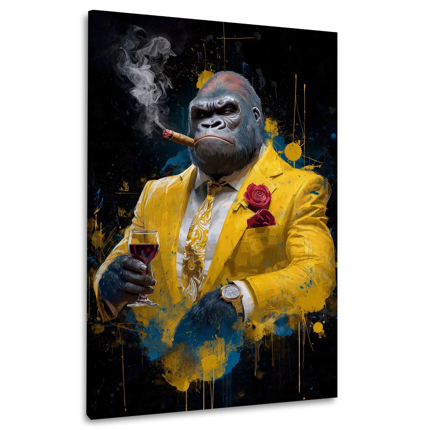 Gorilla im goldfarbenen Anzug mit Wein und Zigarre Wandbild