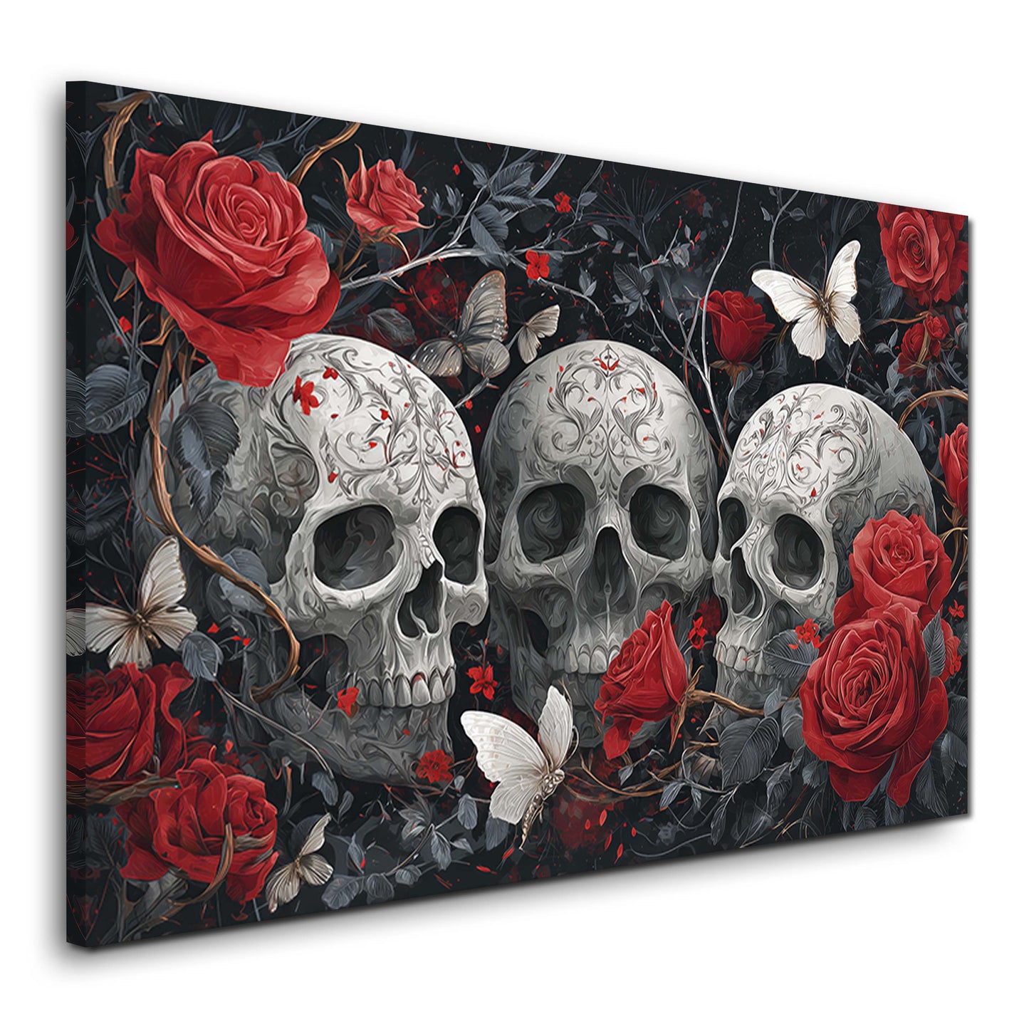 Gothic Totenköpfe mit Rosen und Schmetterlingen Wandbild