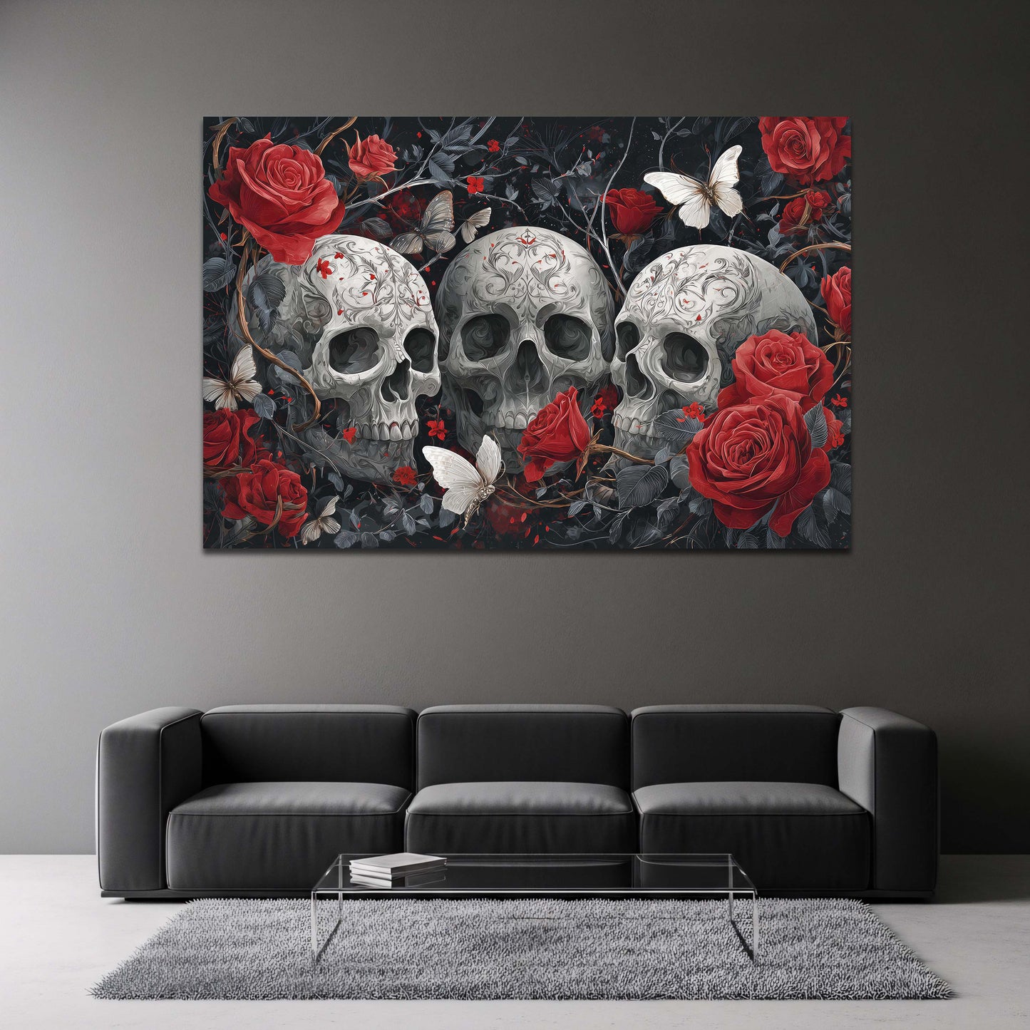 Gothic Totenköpfe mit Rosen und Schmetterlingen Wandbild