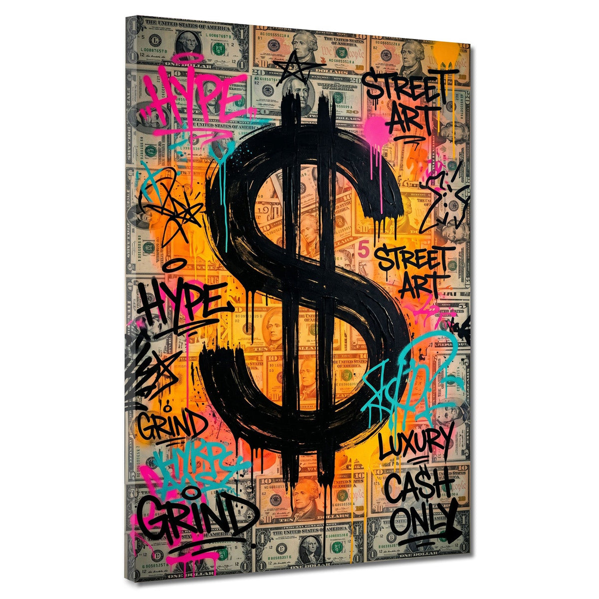 Schwarzes Dollarzeichen auf Geldscheinwand im Street Art Stil Wandbild