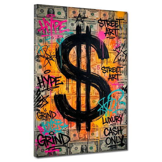 Schwarzes Dollarzeichen auf Geldscheinwand im Street Art Stil Wandbild