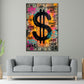 Street Art Dollar Wandbild über einem Sofa im Wohnraum