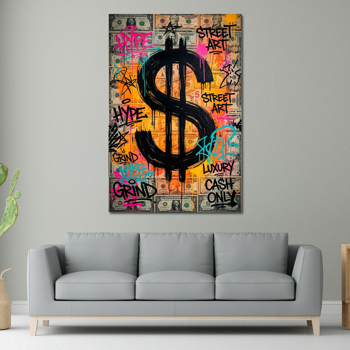 Street Art Dollar Wandbild über einem Sofa im Wohnraum