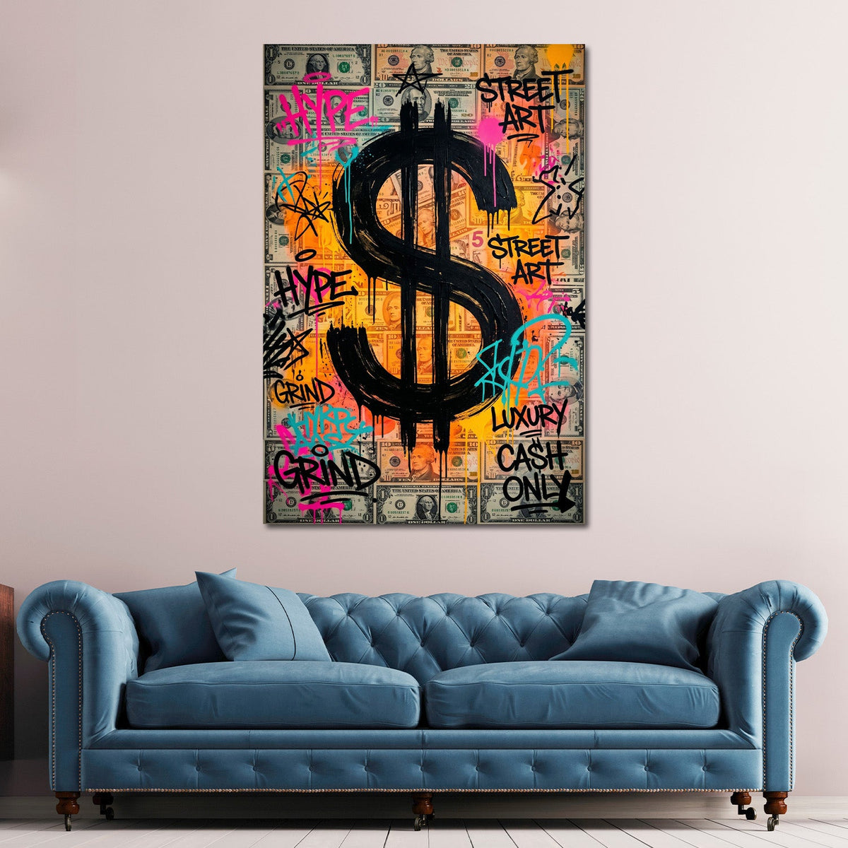 Dollarzeichen Graffiti Wandbild im Hochformat an einer Wohnraumwand