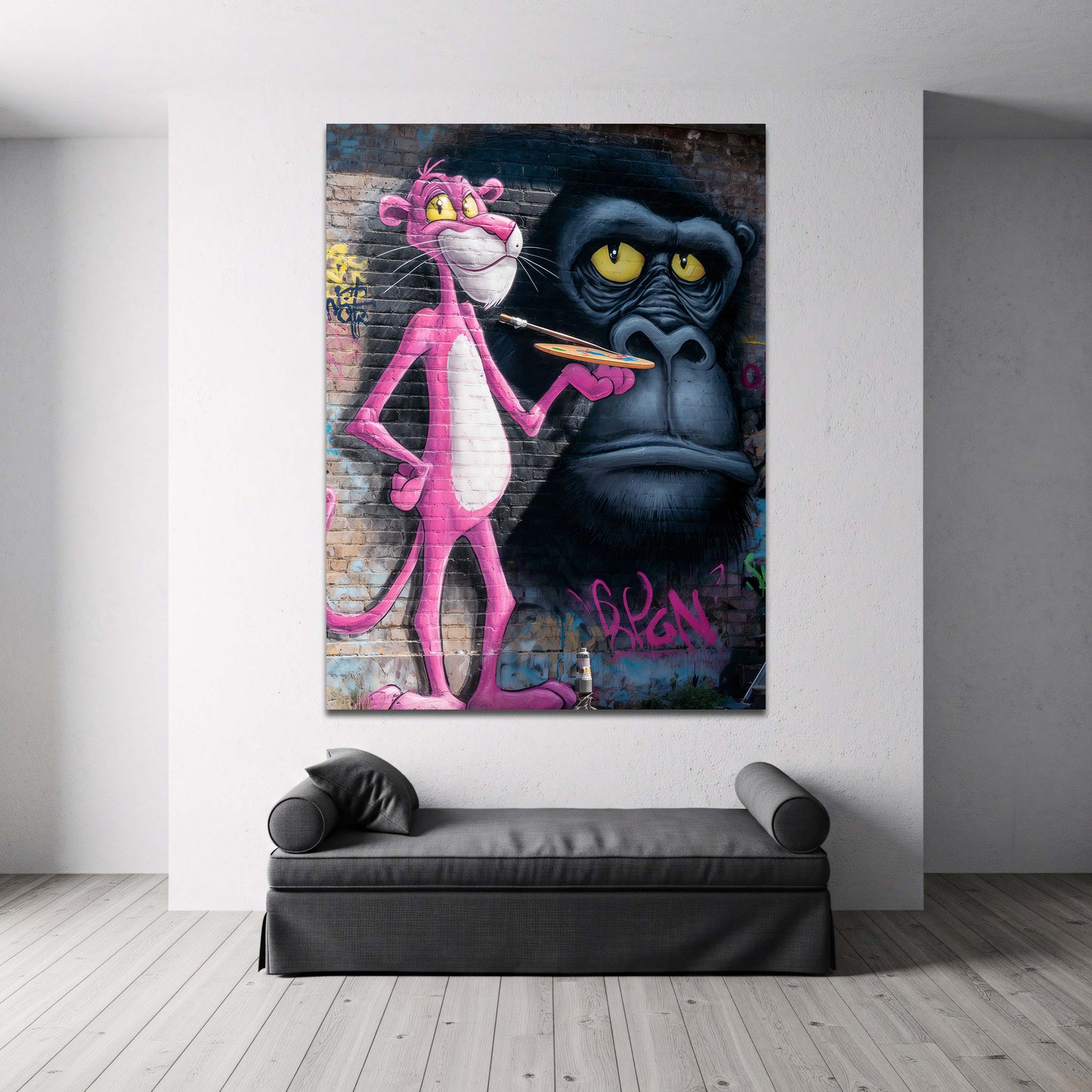 Graffiti Pink Panther als Künstler mit Gorilla Wandbild