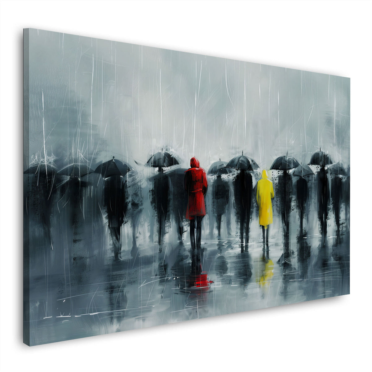 Graue Regenszene mit Passanten Wandbild im Querformat