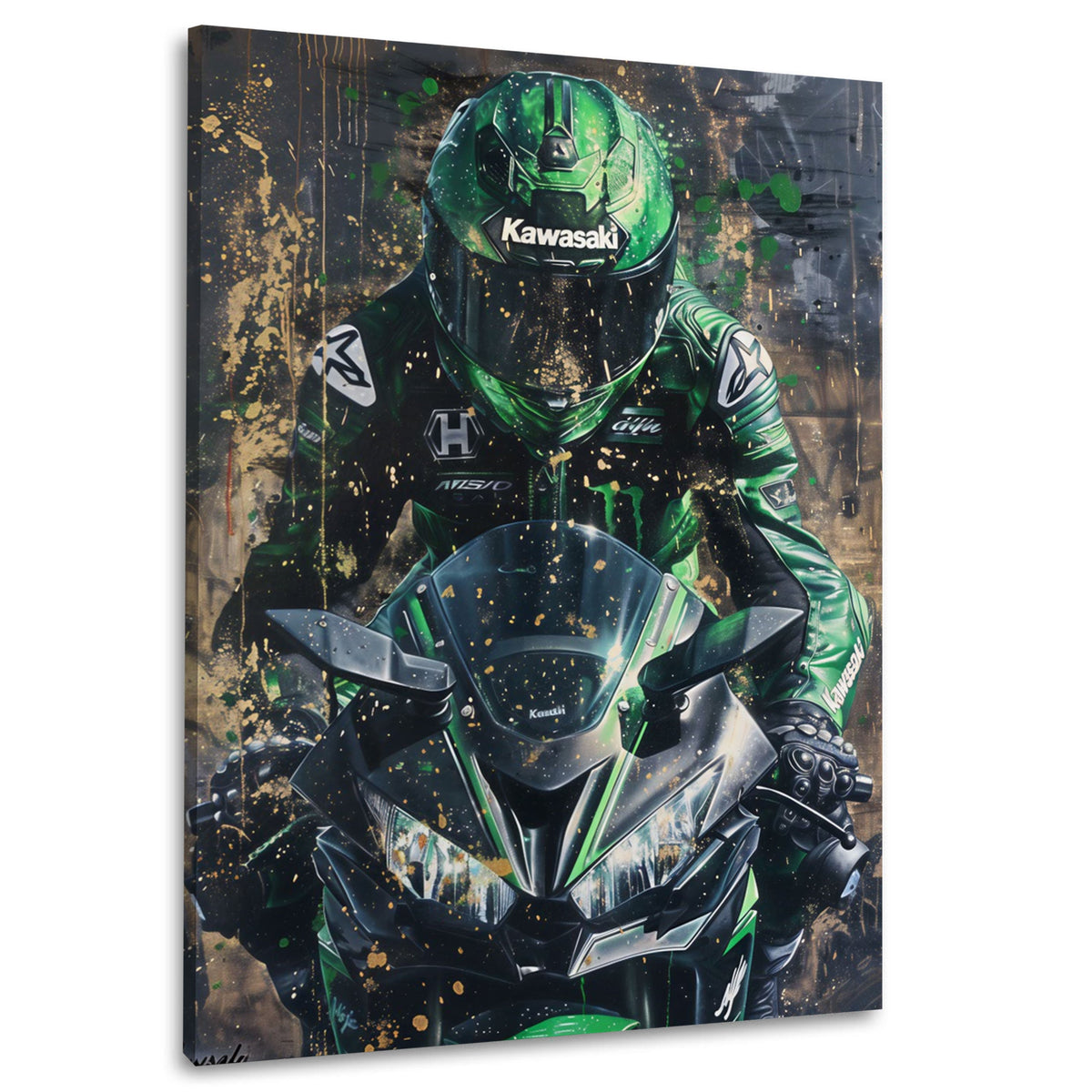 Rennfahrer in Grün auf schwarzem Motorrad Street Art Wandbild