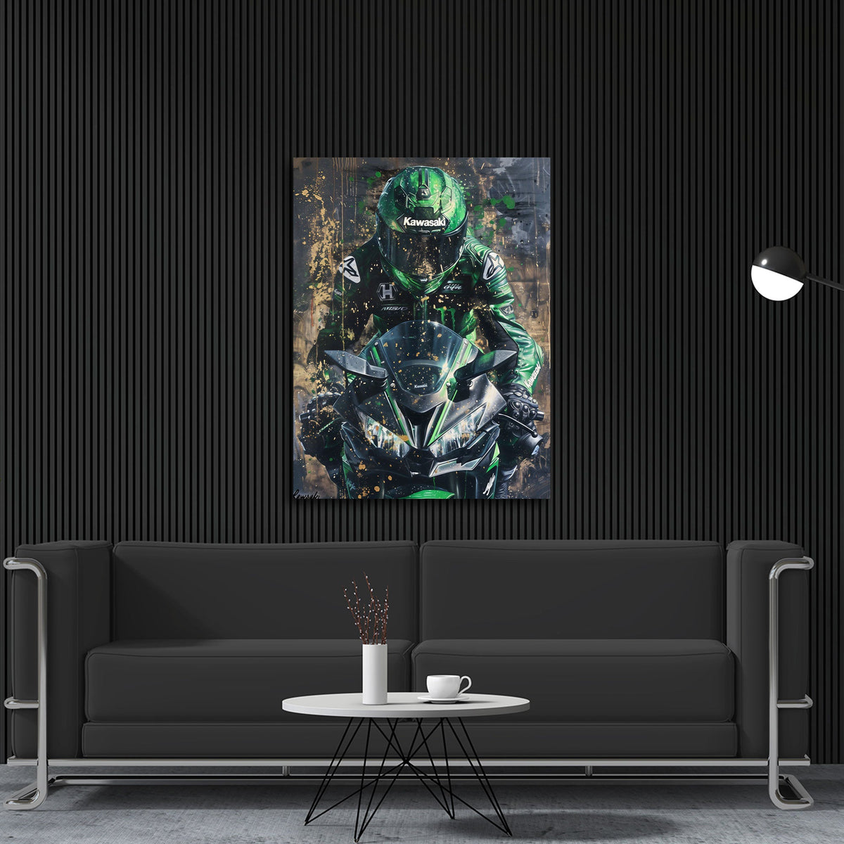 Rennfahrer in Grün auf schwarzem Motorrad Street Art Wandbild