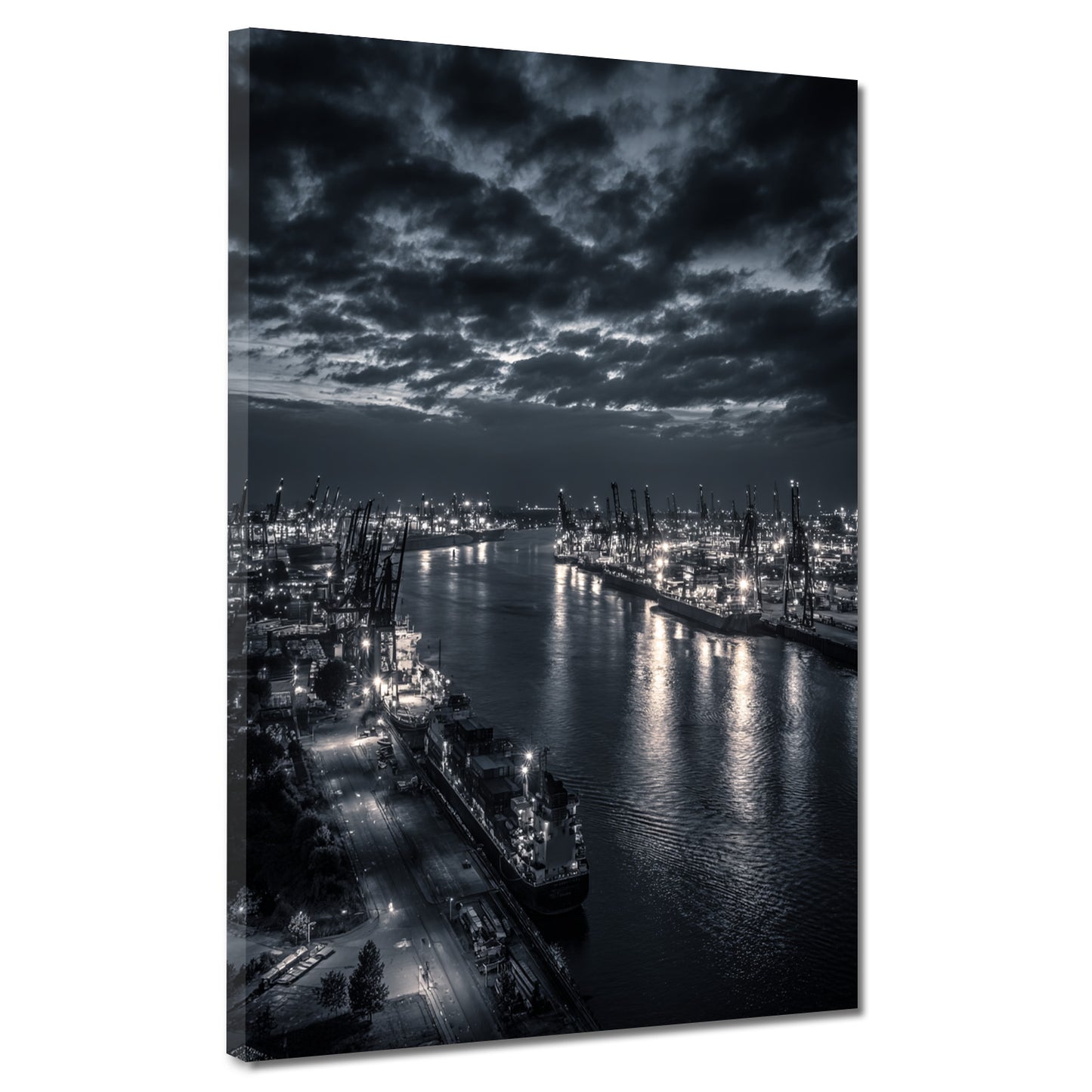 Hafen Hamburg schwarz weiß Containerkräne Elbe bei Nacht Wandbild