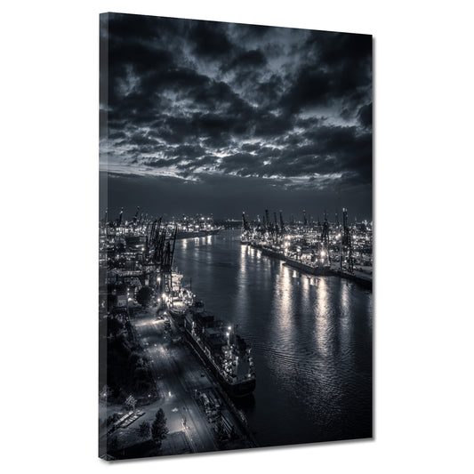 Hafen Hamburg schwarz weiß Containerkräne Elbe bei Nacht Wandbild