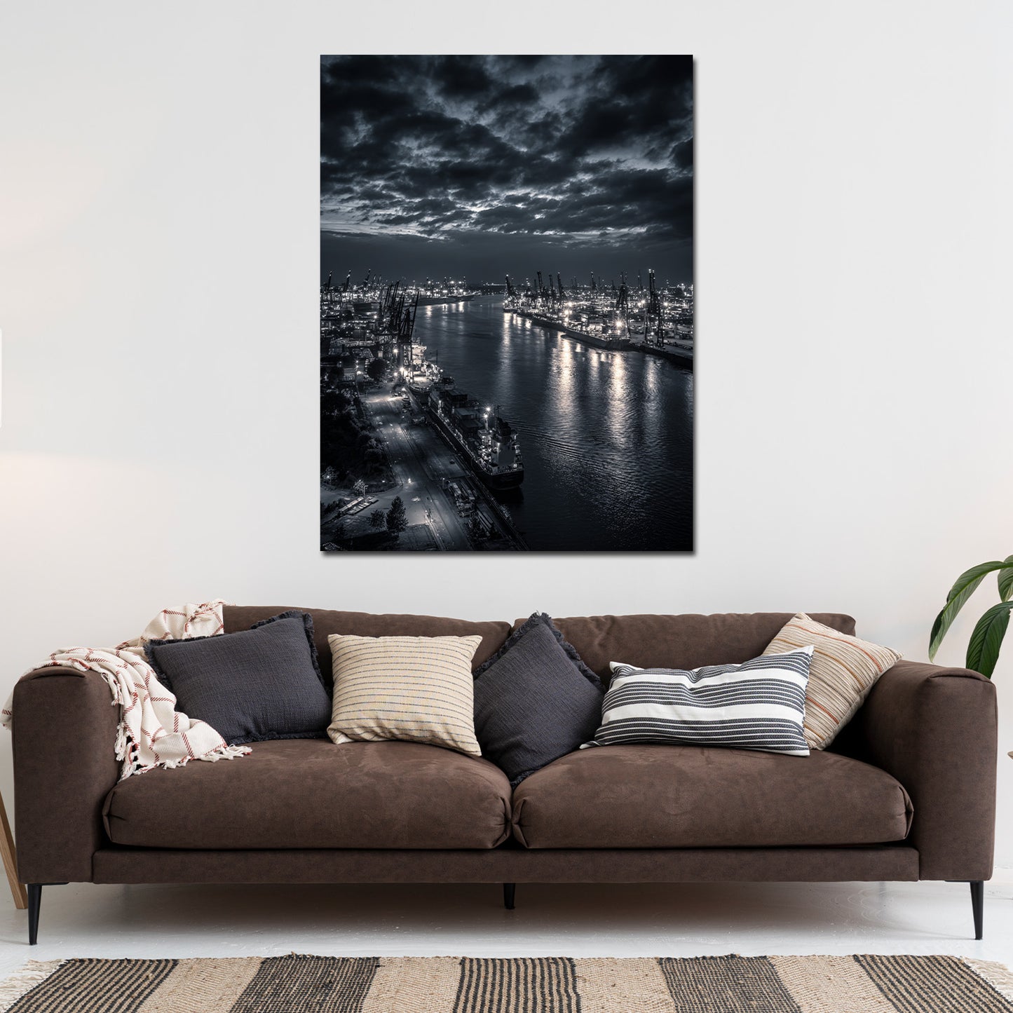 Hafen Hamburg schwarz weiß Containerkräne Elbe bei Nacht Wandbild