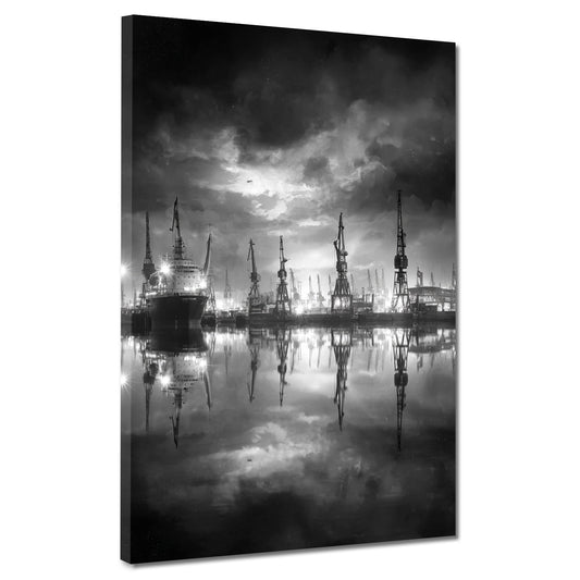 Hafen Kräne Hamburg schwarz weiß Spiegelung Nachtstimmung Wandbild