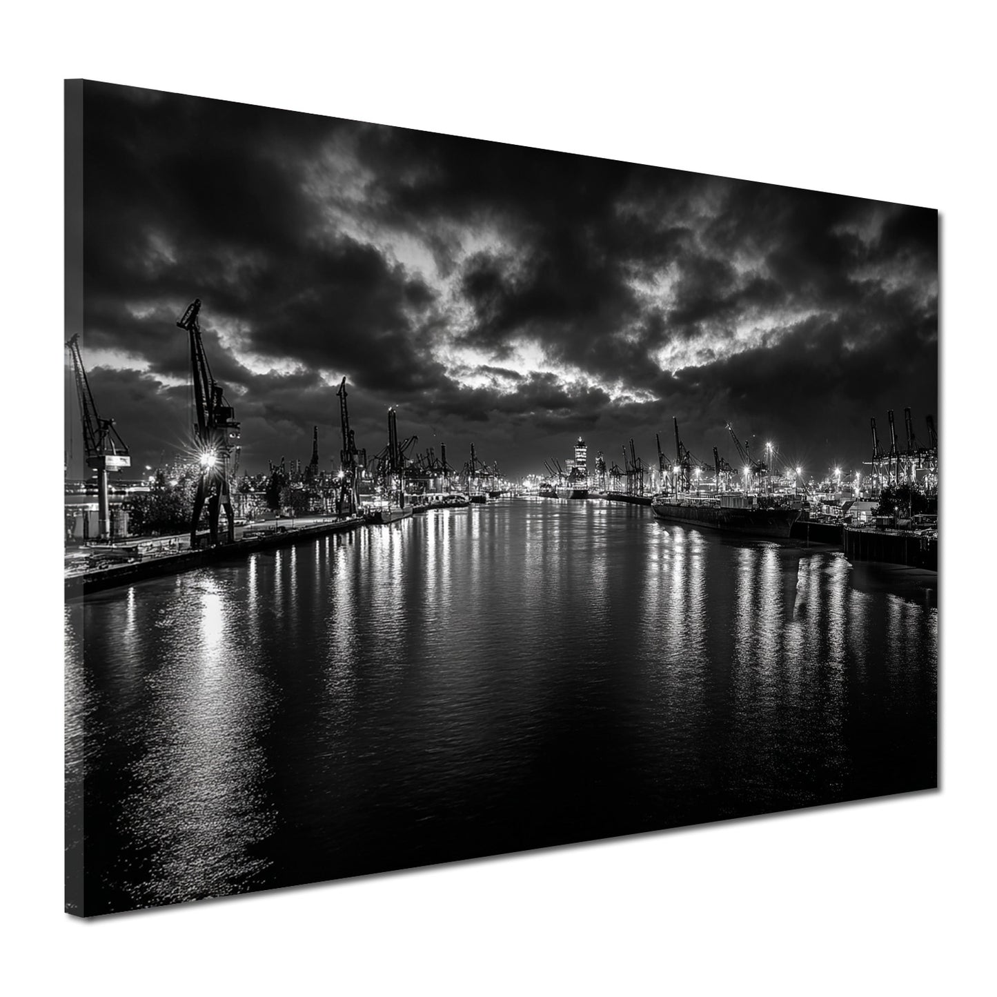 Hafenpanorama Hamburg schwarz weiß Kräne Elbe Lichtreflexe Wandbild