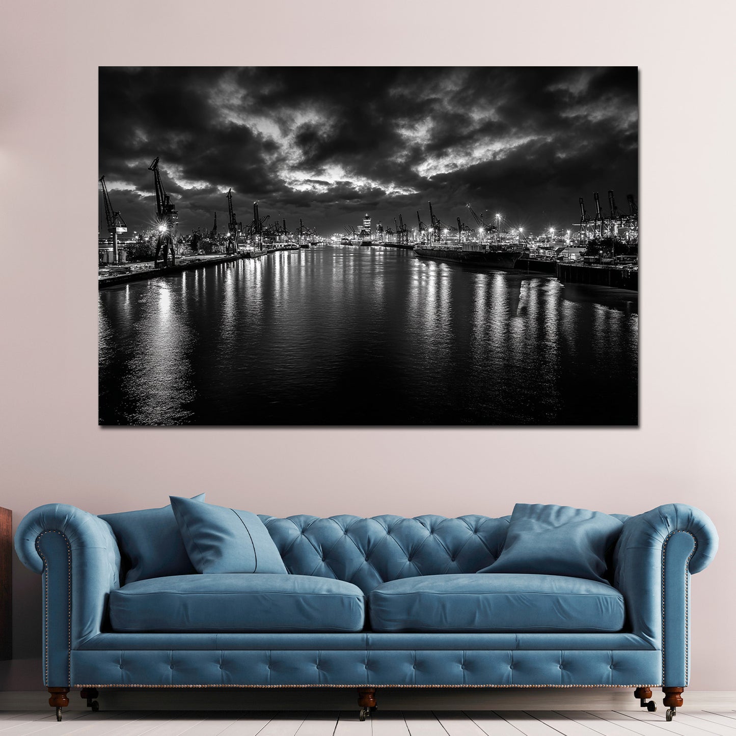 Hafenpanorama Hamburg schwarz weiß Kräne Elbe Lichtreflexe Wandbild