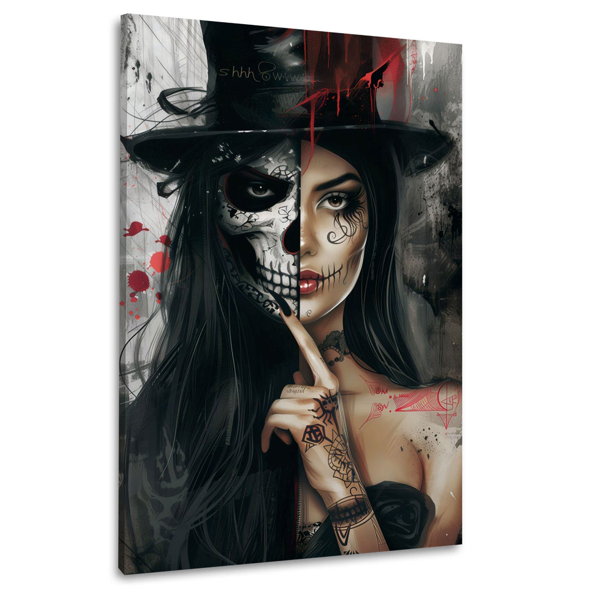 Halb Totenkopf halb Frau mit Zylinder Gothic Look Wandbild