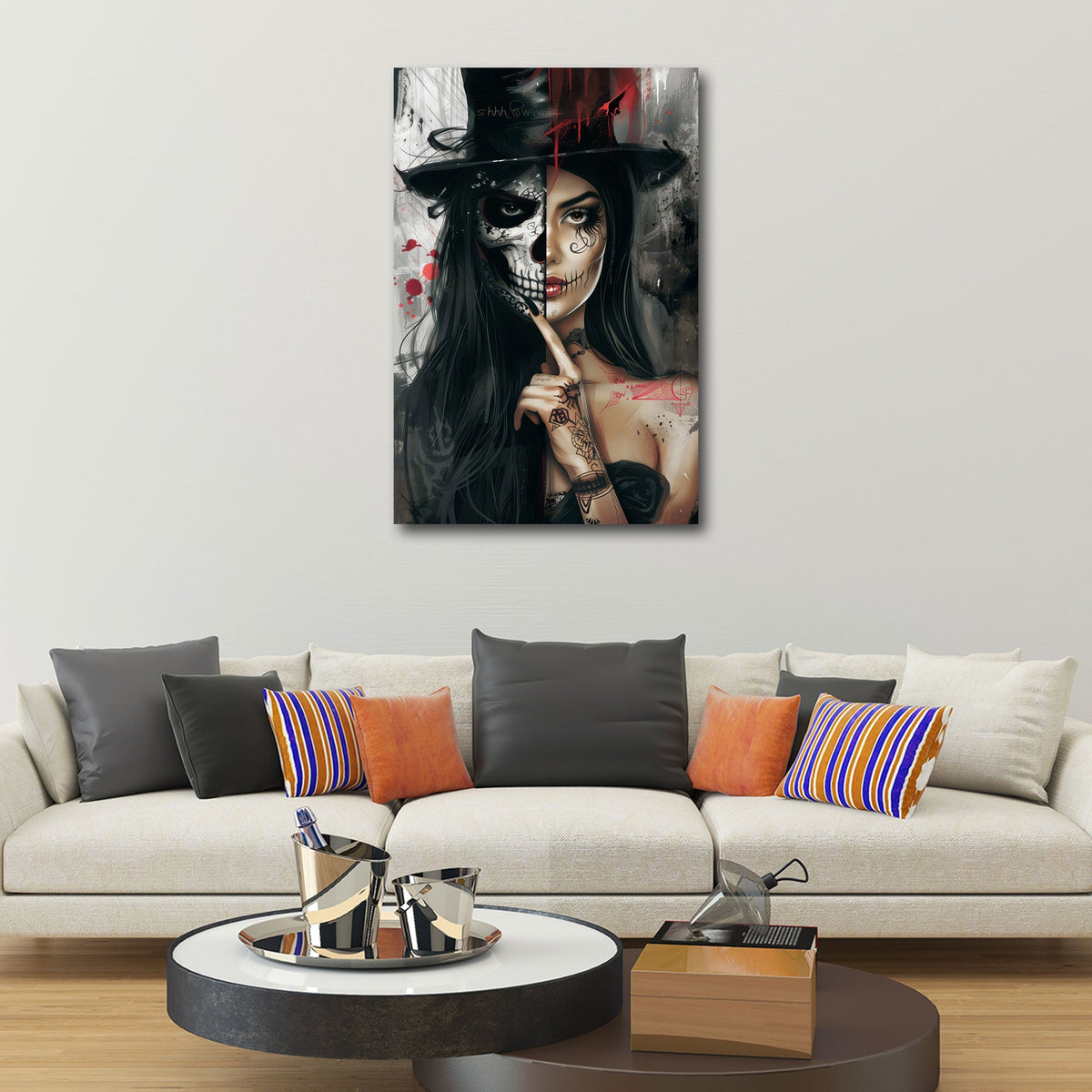 Halb Totenkopf halb Frau mit Zylinder Gothic Look Wandbild