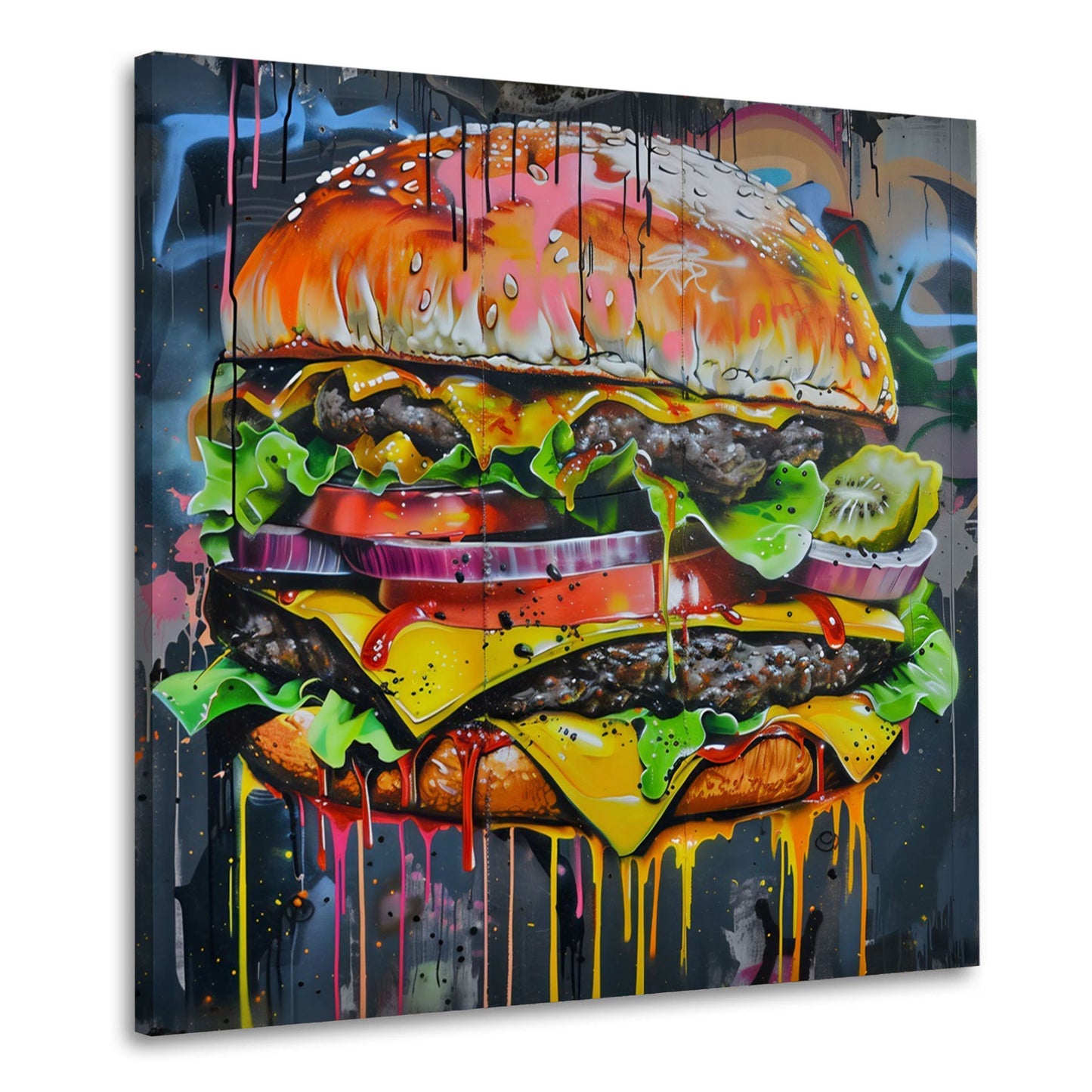 Hamburger im bunten Graffiti-Stil in kräftigen Tönen Wandbild